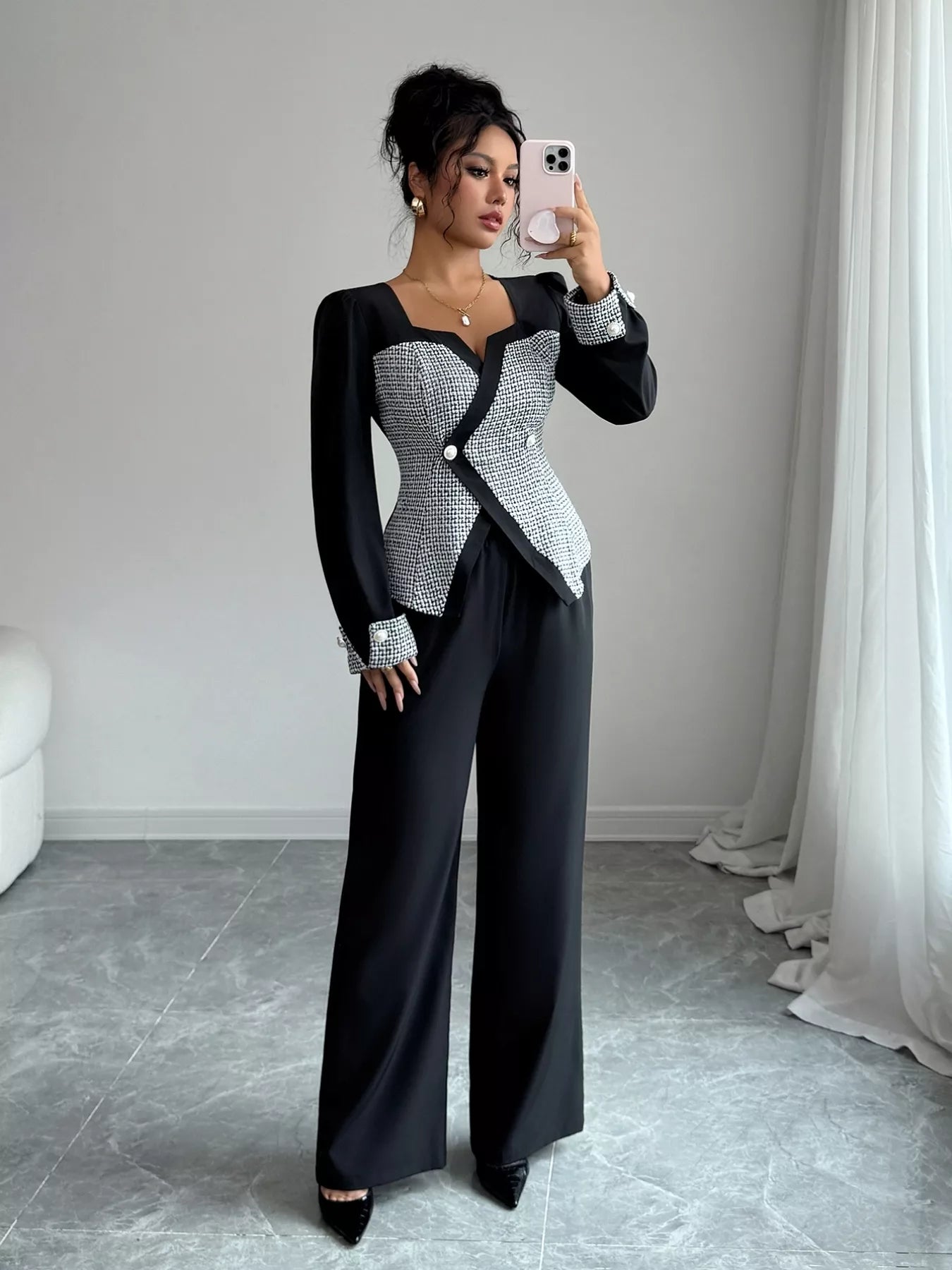 Long Sleeve Top and Wide Leg Pants Set - Thalia Chic