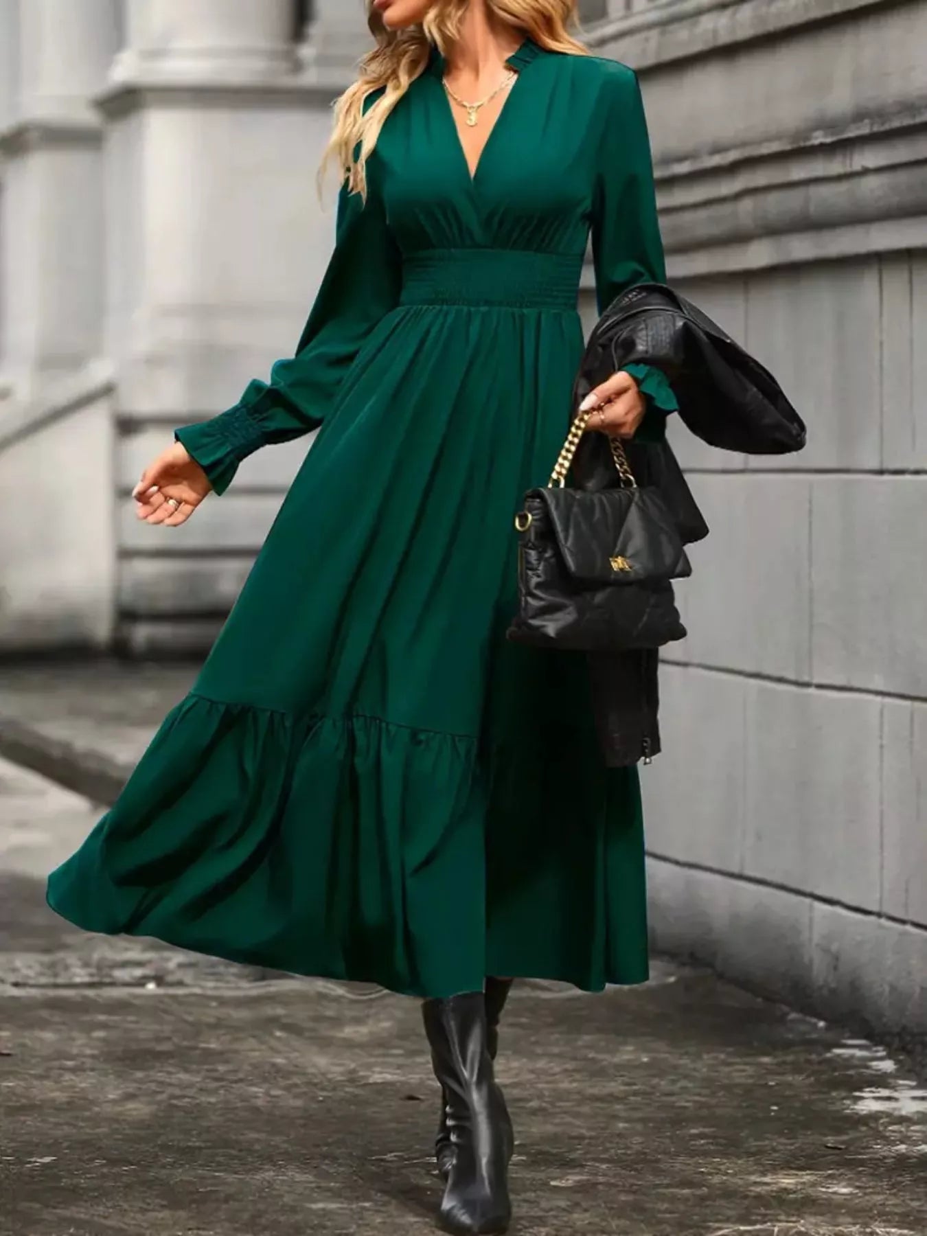 Surplice Long Sleeve Tiered Midi Dress - Thalia Chic