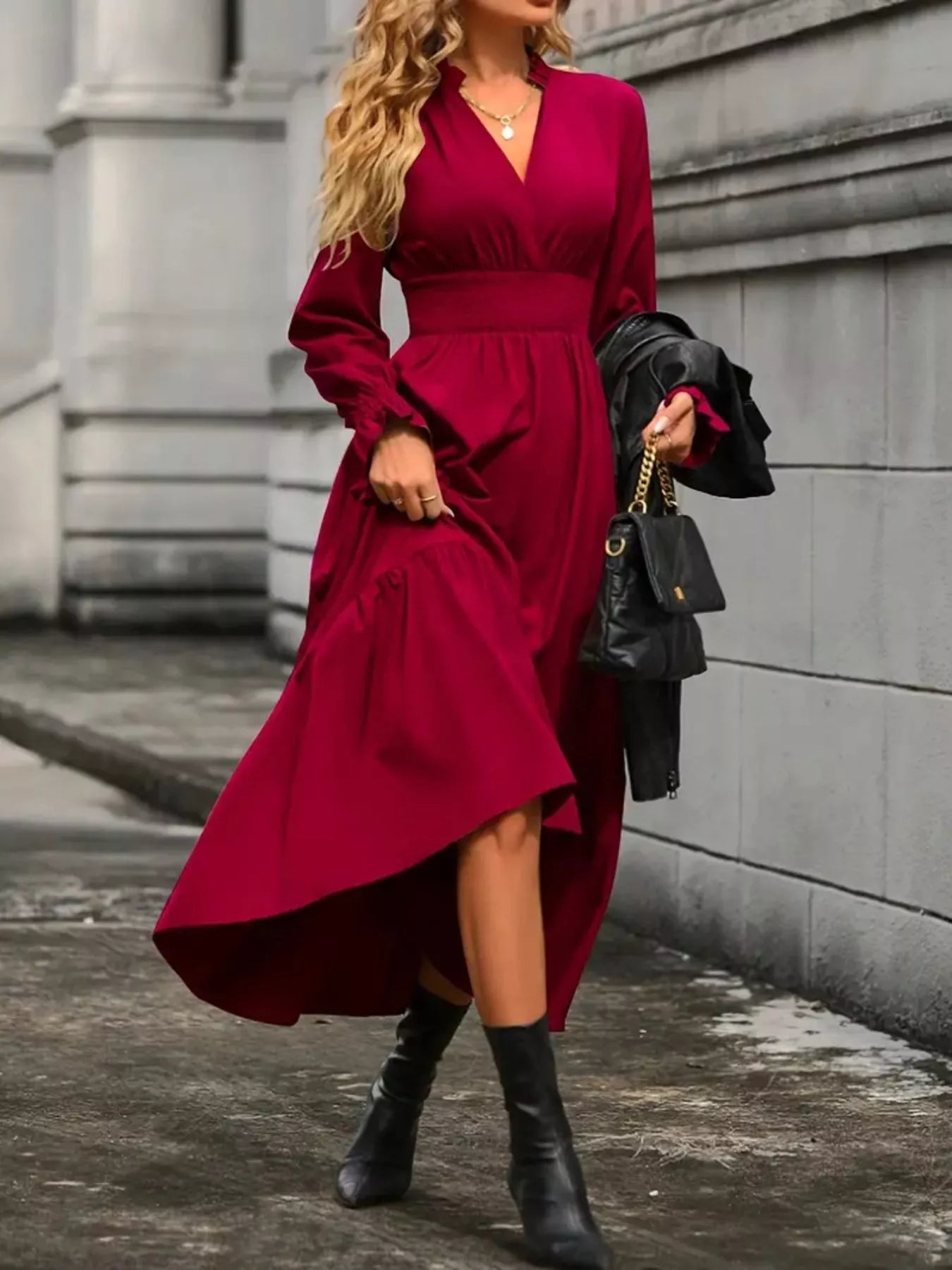 Surplice Long Sleeve Tiered Midi Dress - Thalia Chic