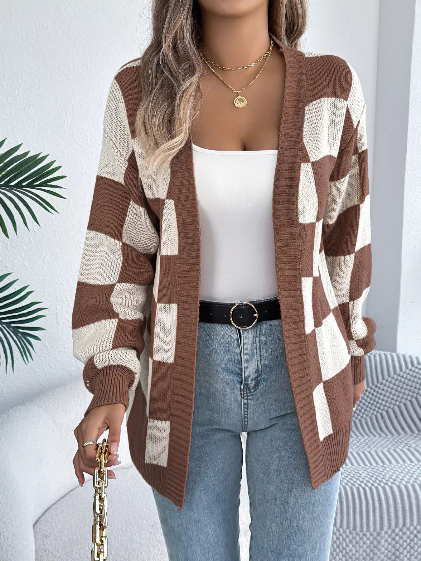 Checkered Pattern Open Front Cardigan - Thalia Chic