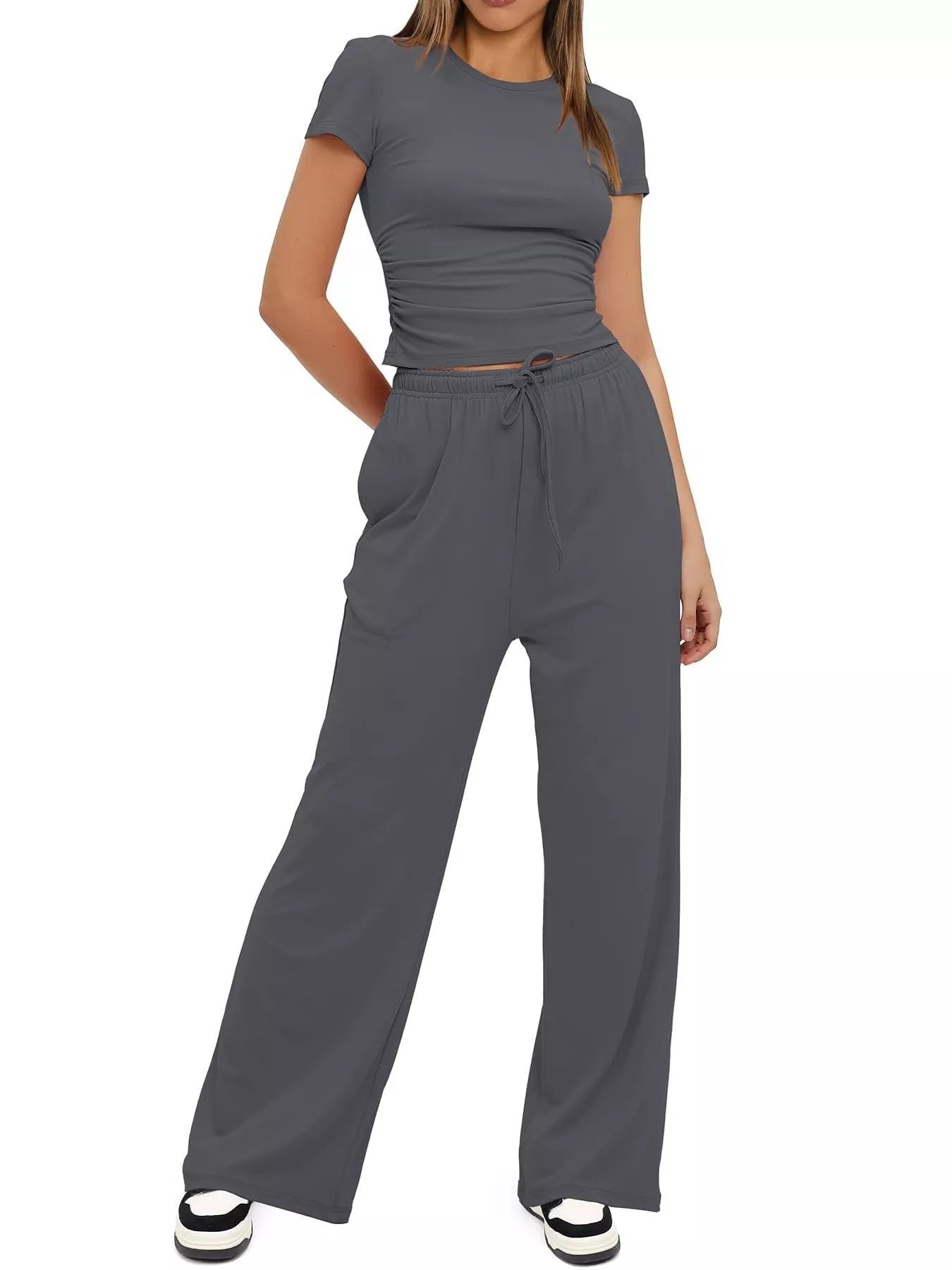 Round Neck Short Sleeve T-Shirt and Pants Set - Thalia Chic