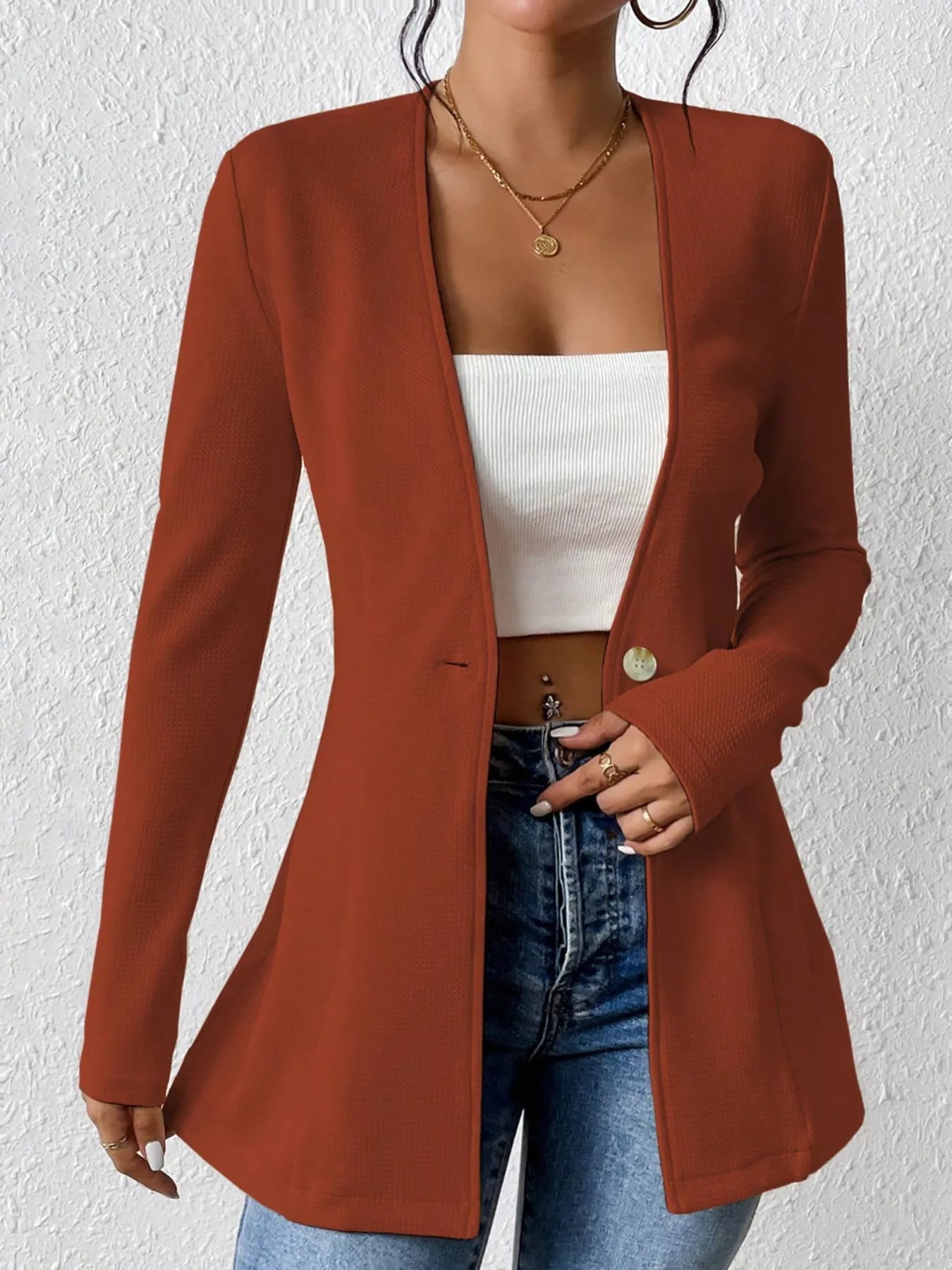 One Button Long Sleeve Blazer - Thalia Chic