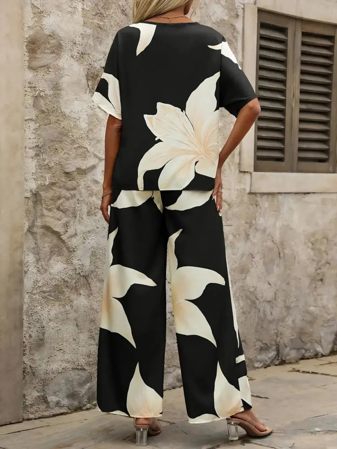 Printed V-Neck Top and Wide Leg Pants Set - Thalia Chic