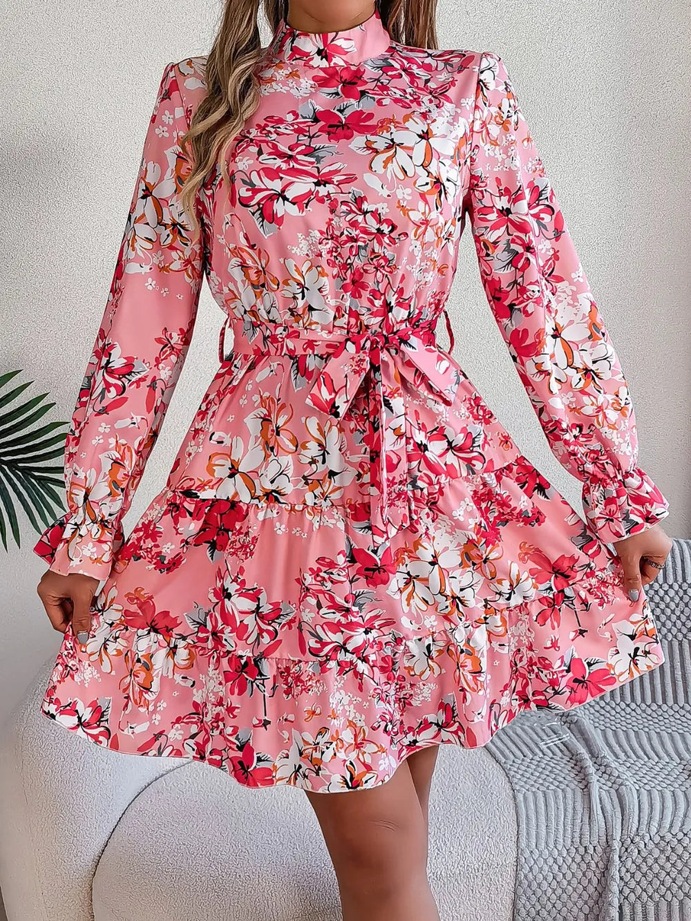 Printed Mock Neck Flounce Sleeve Mini Dress - Thalia Chic