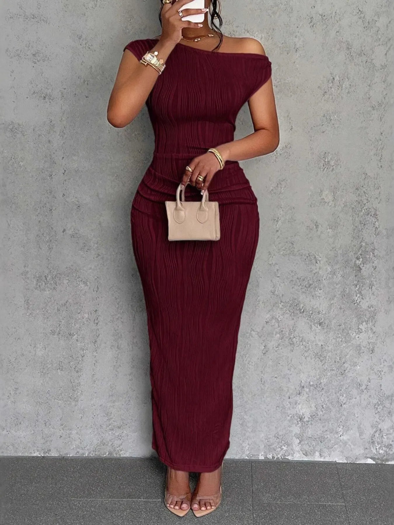 Textured Single Shoulder Bodycon Maxi Dress - Thalia Chic