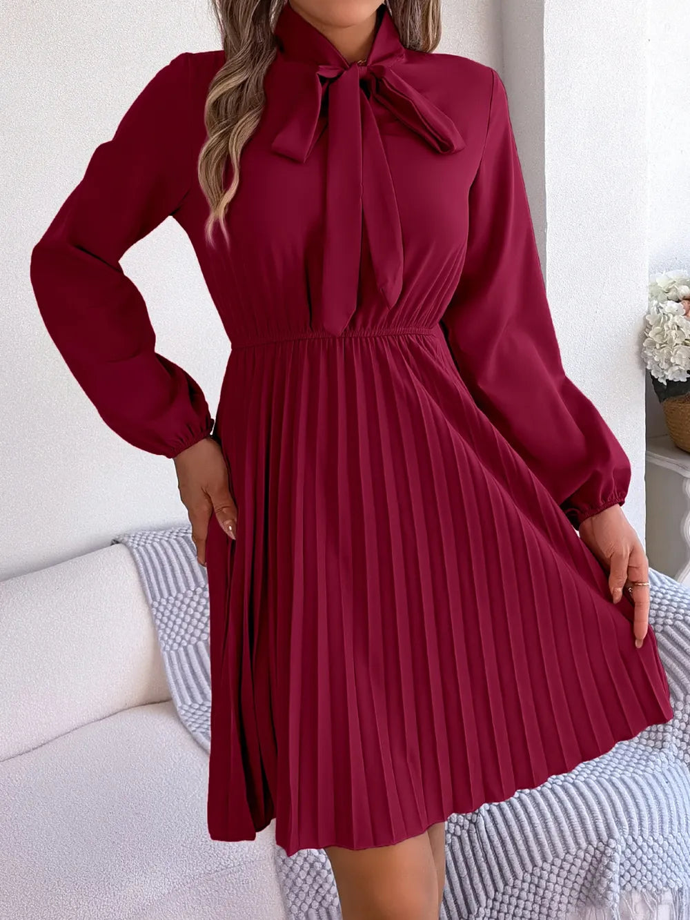 Tie Neck Balloon Sleeve Pleated Dress - Thalia Chic