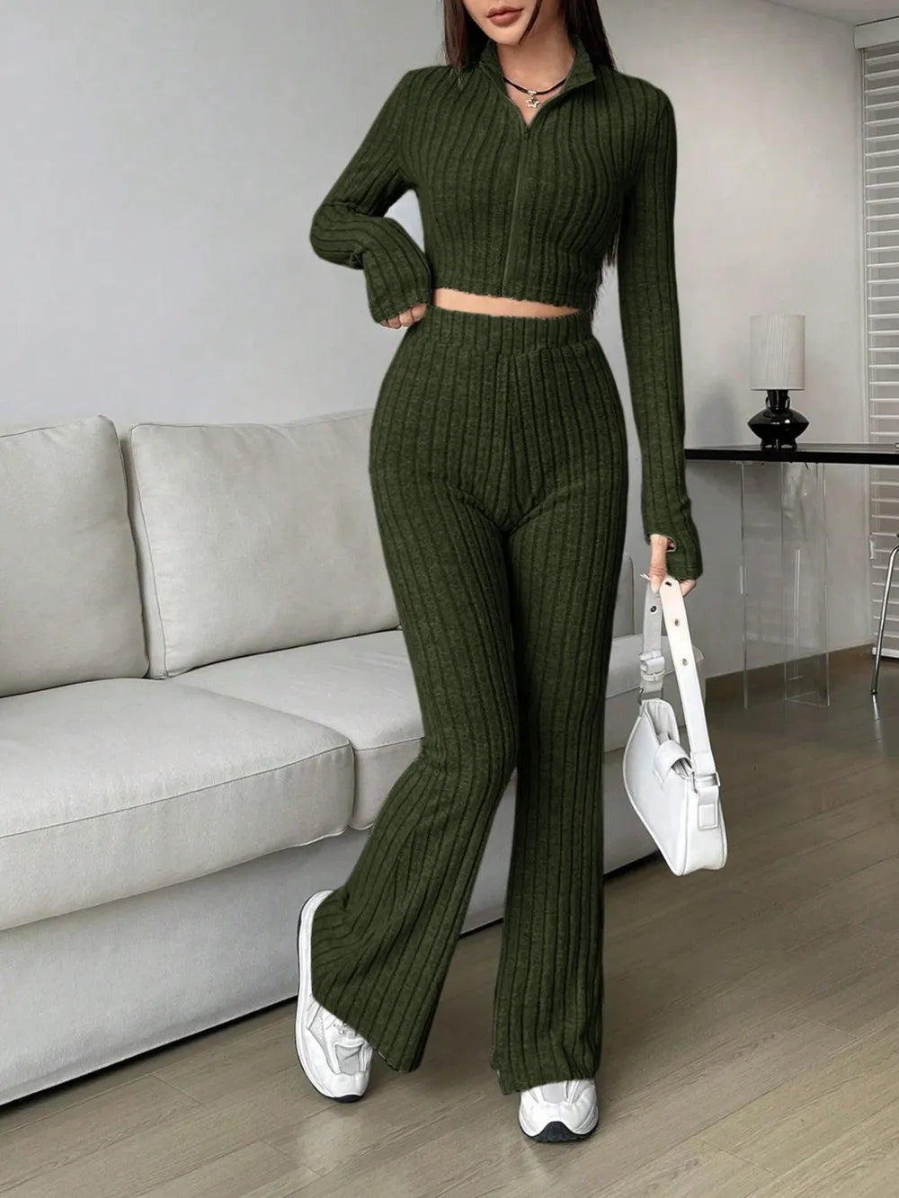 Honey Zip Up Long Sleeve Top and Pants Set - Thalia Chic