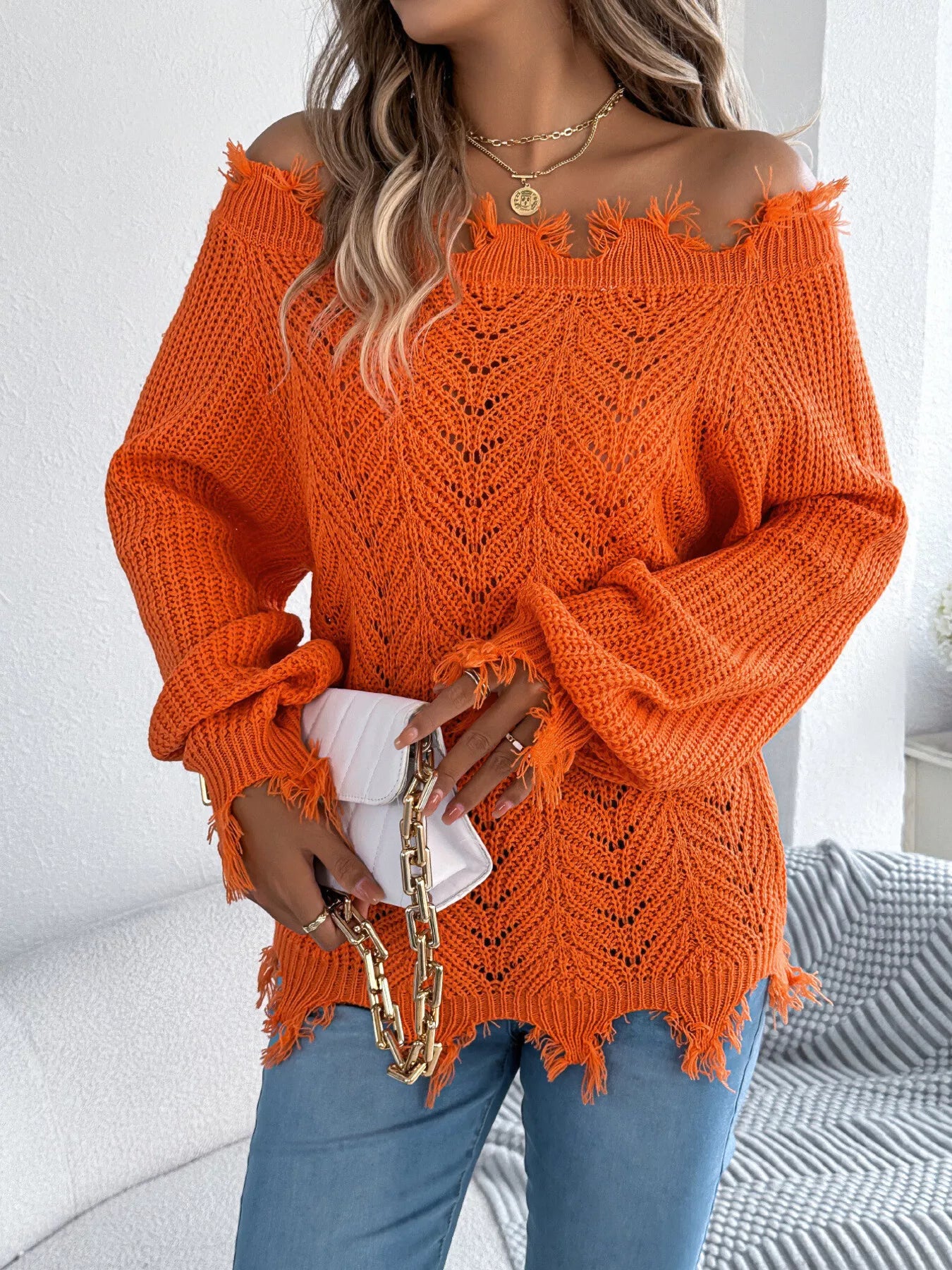 Distressed Hem Openwork Off-Shoulder Sweater - Thalia Chic