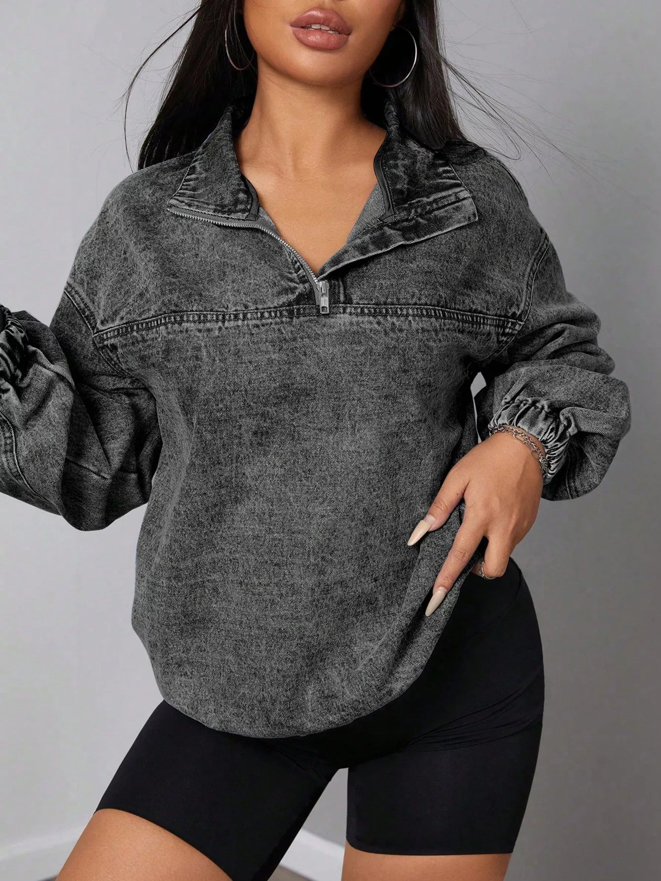 Elastic Hem Quarter Zip Denim Top - Thalia Chic