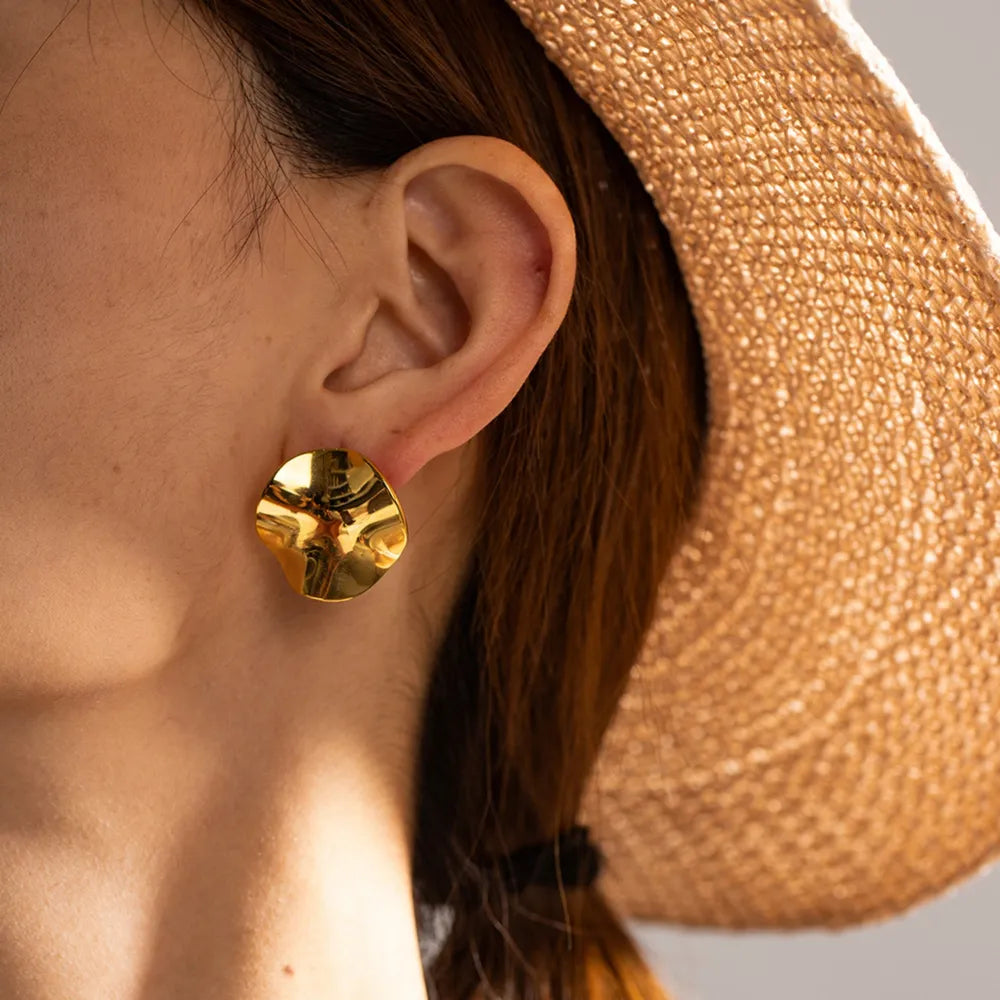 Geometric Pleated 18K Gold-Plated Stud Earrings - Thalia Chic