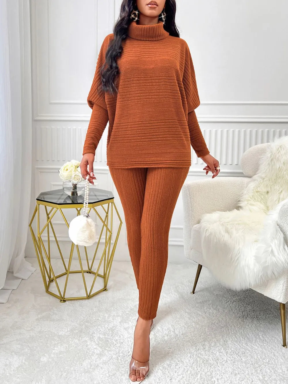 Turtleneck Batwing Sleeve Top and Pants Set - Thalia Chic