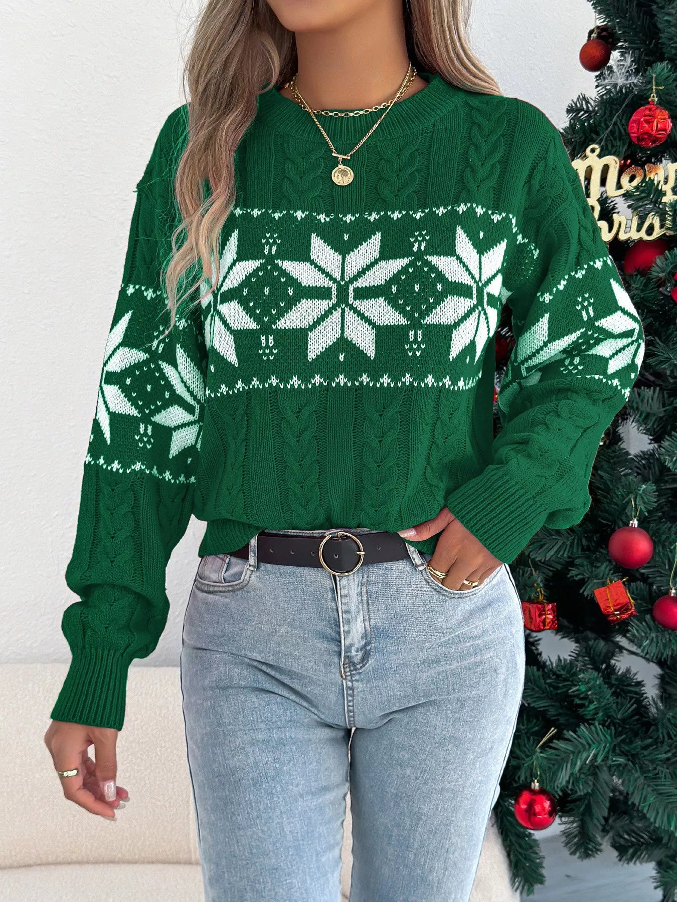 Christmas Snowflake Cable Knit Sweater - Thalia Chic