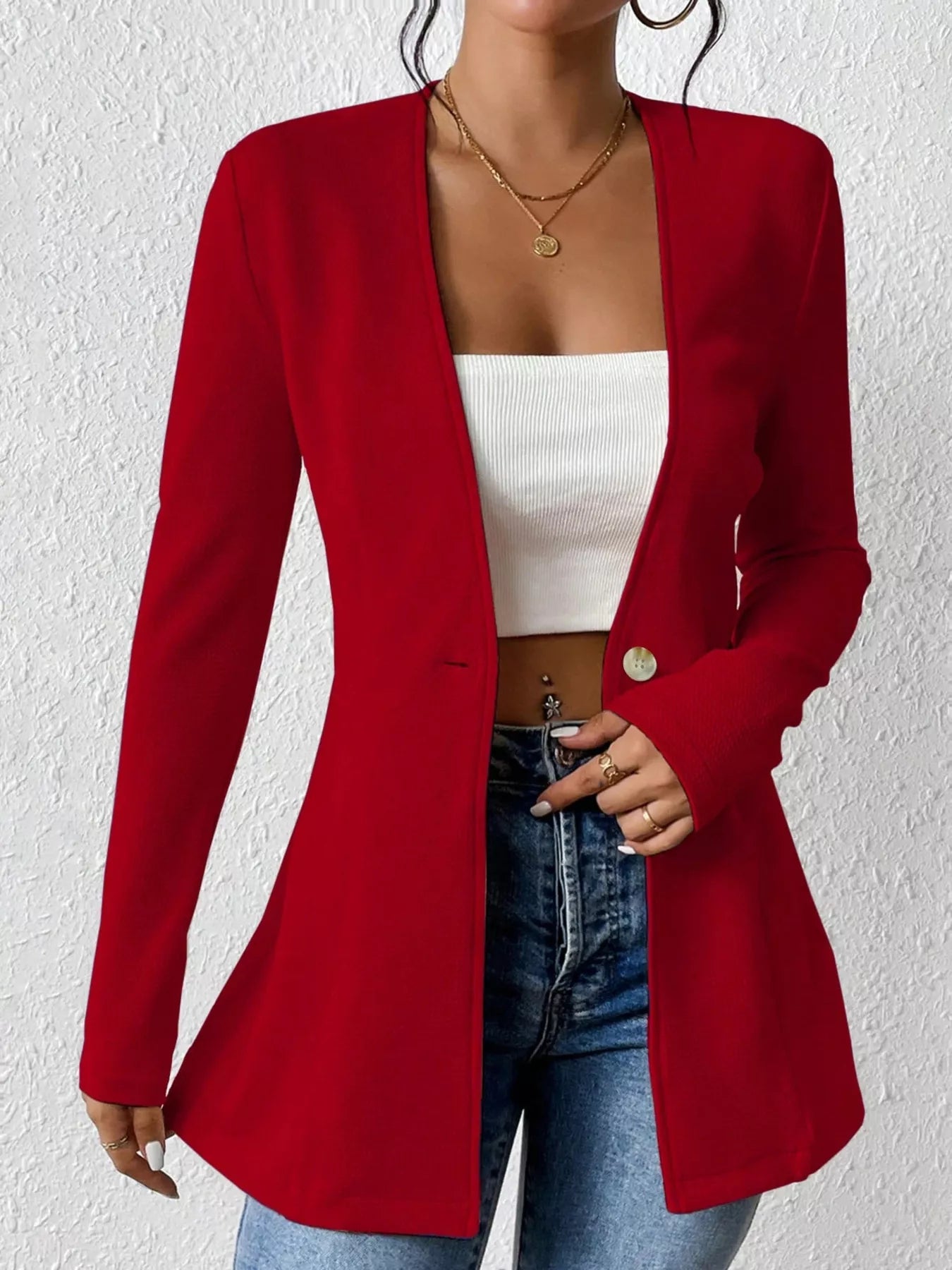 One Button Long Sleeve Blazer - Thalia Chic