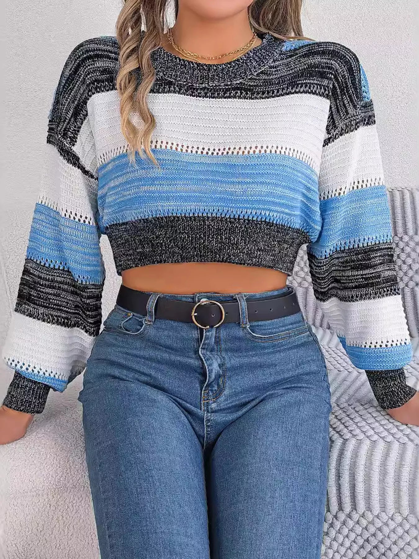 Cropped Striped Color Block Drop Shoulder Sweater - Thalia Chic