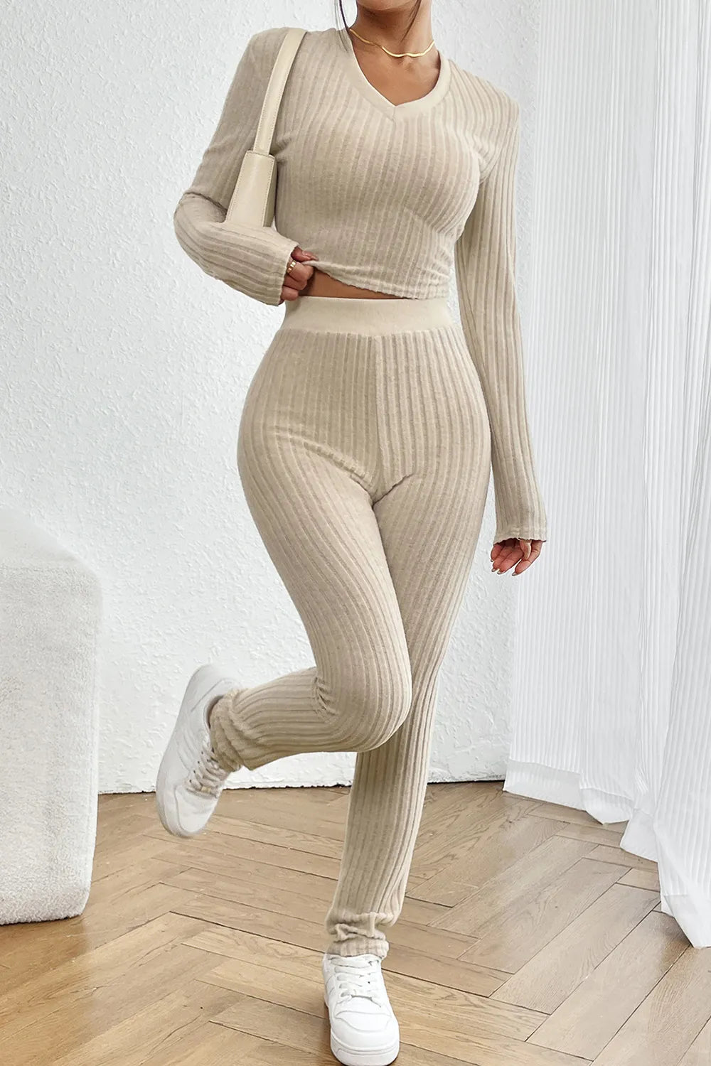 Ribbed V-Neck Long Sleeve Cropped Top and Pants Set - Thalia Chic