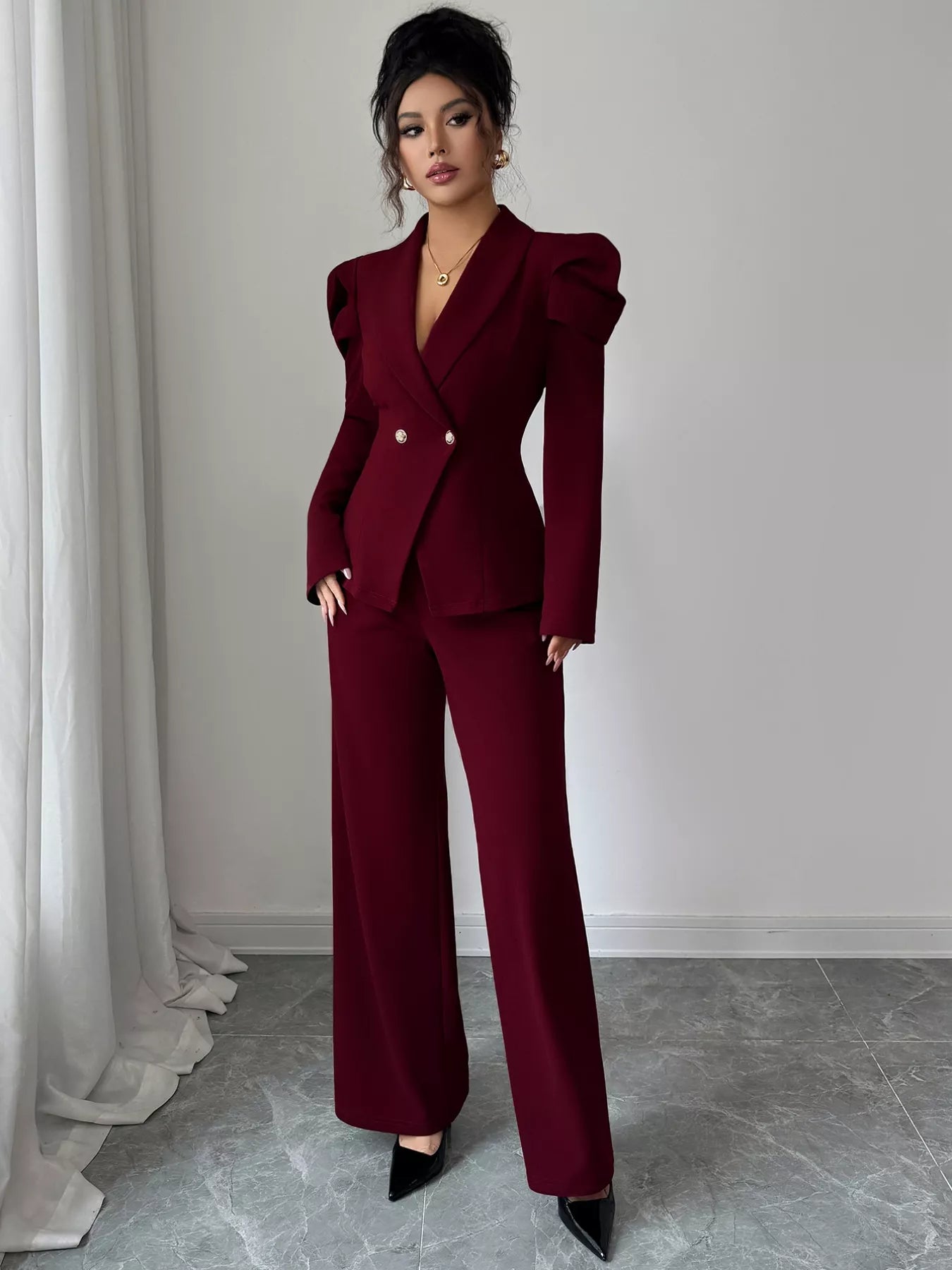 Double-Breasted Blazer and Pants Suit Set - Thalia Chic