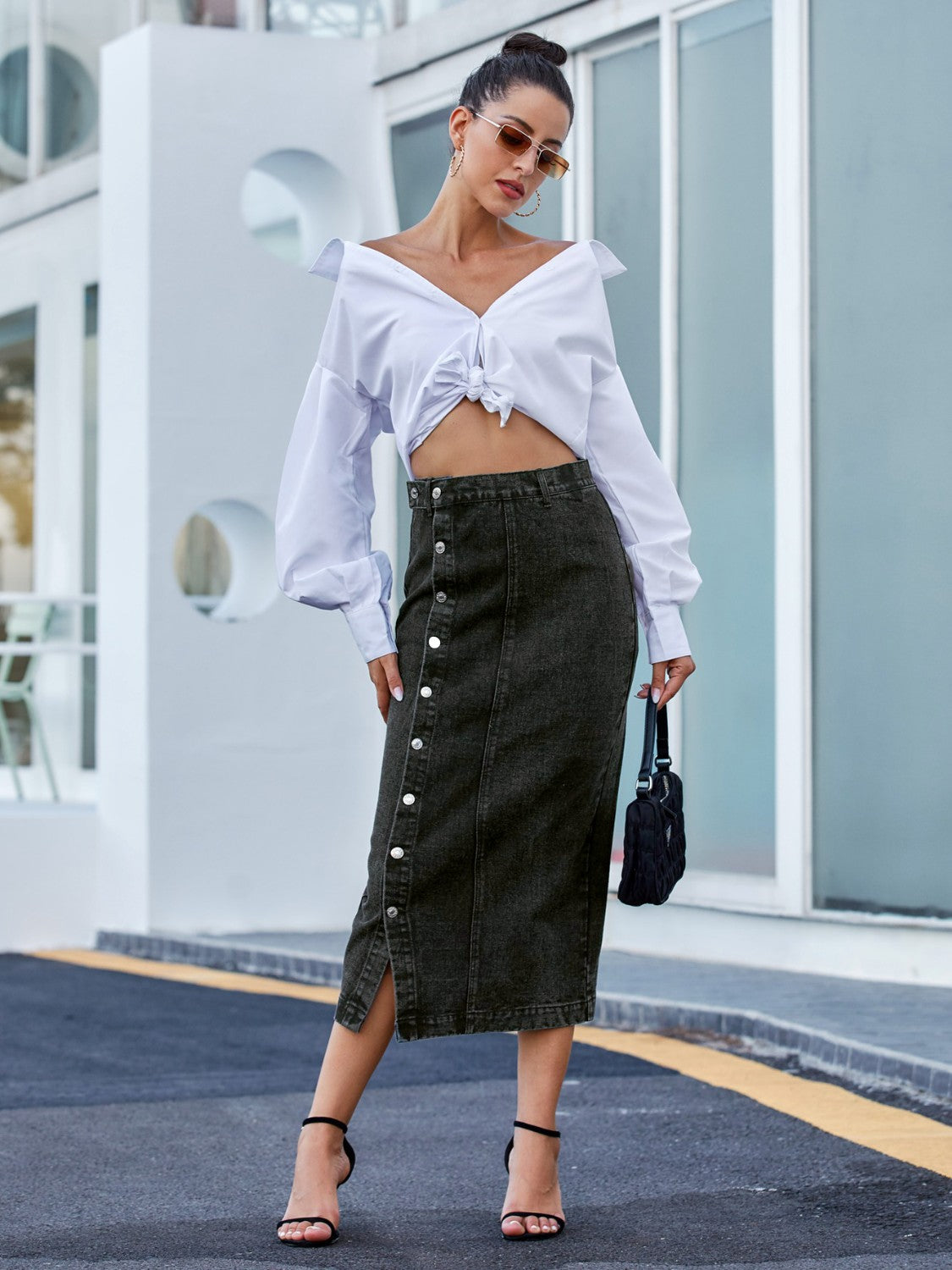 Button Down Denim Skirt - Thalia Chic