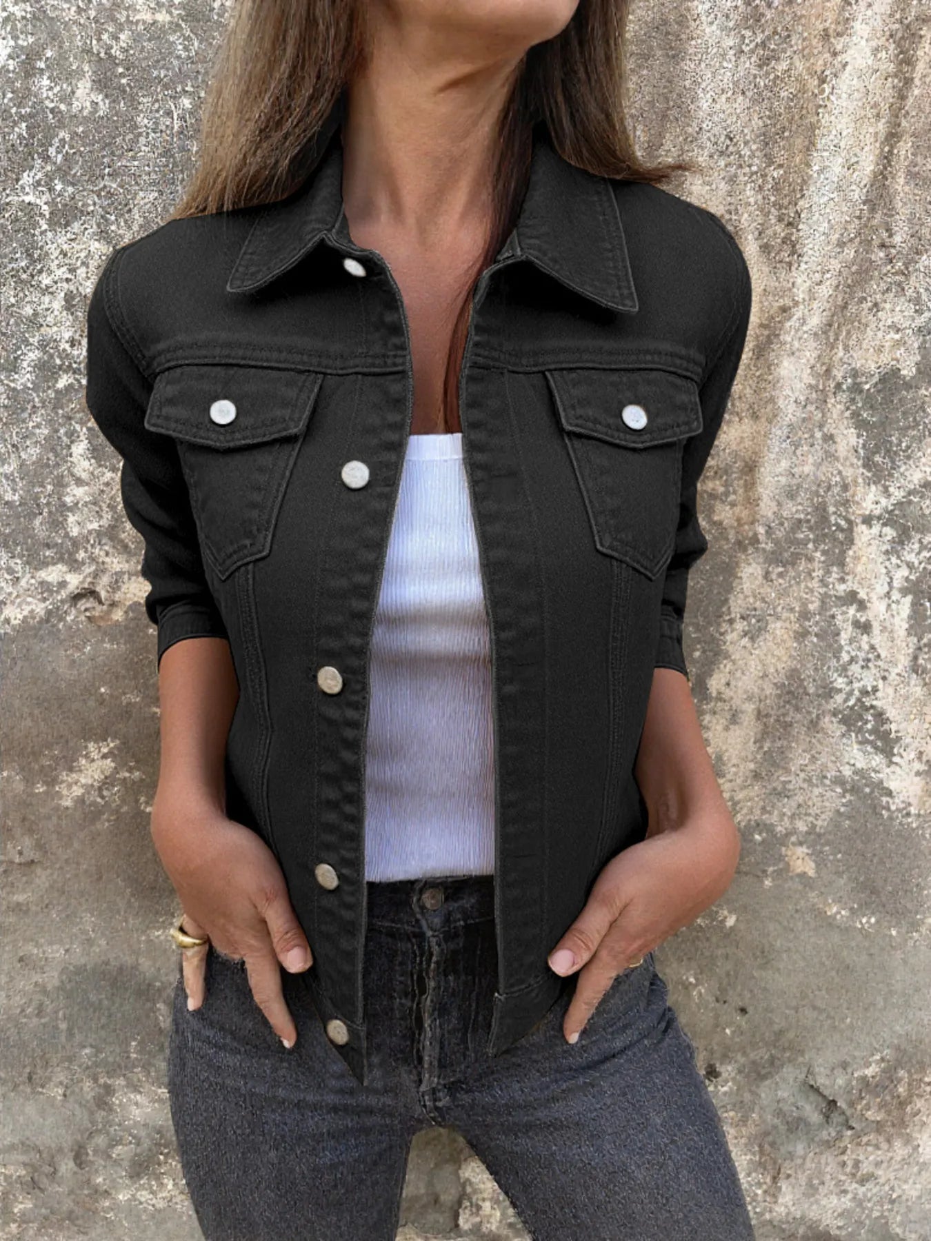 Button Front Closure Denim Jacket - Thalia Chic