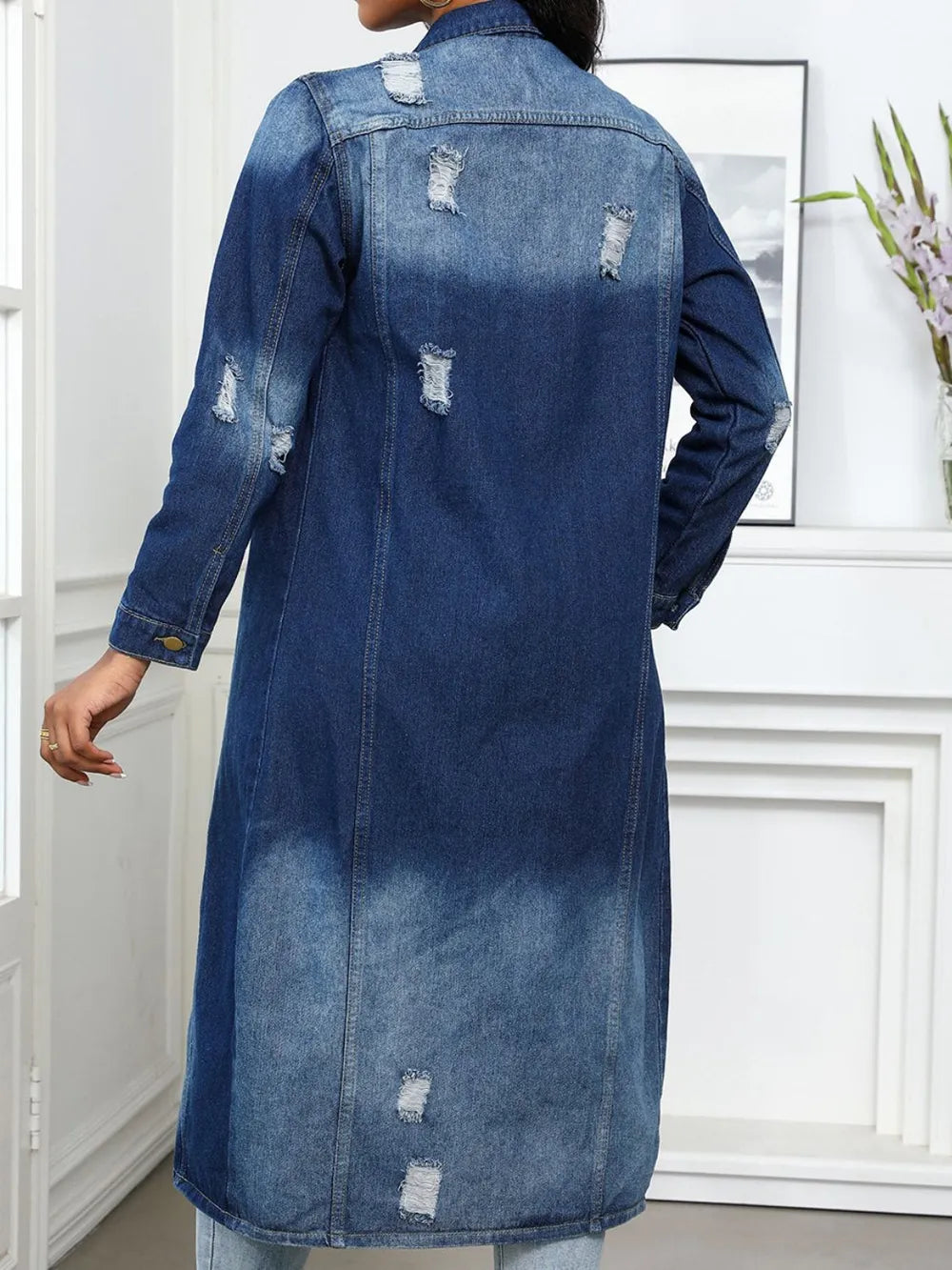 Distressed Button Up Collared Neck Denim Top - Thalia Chic