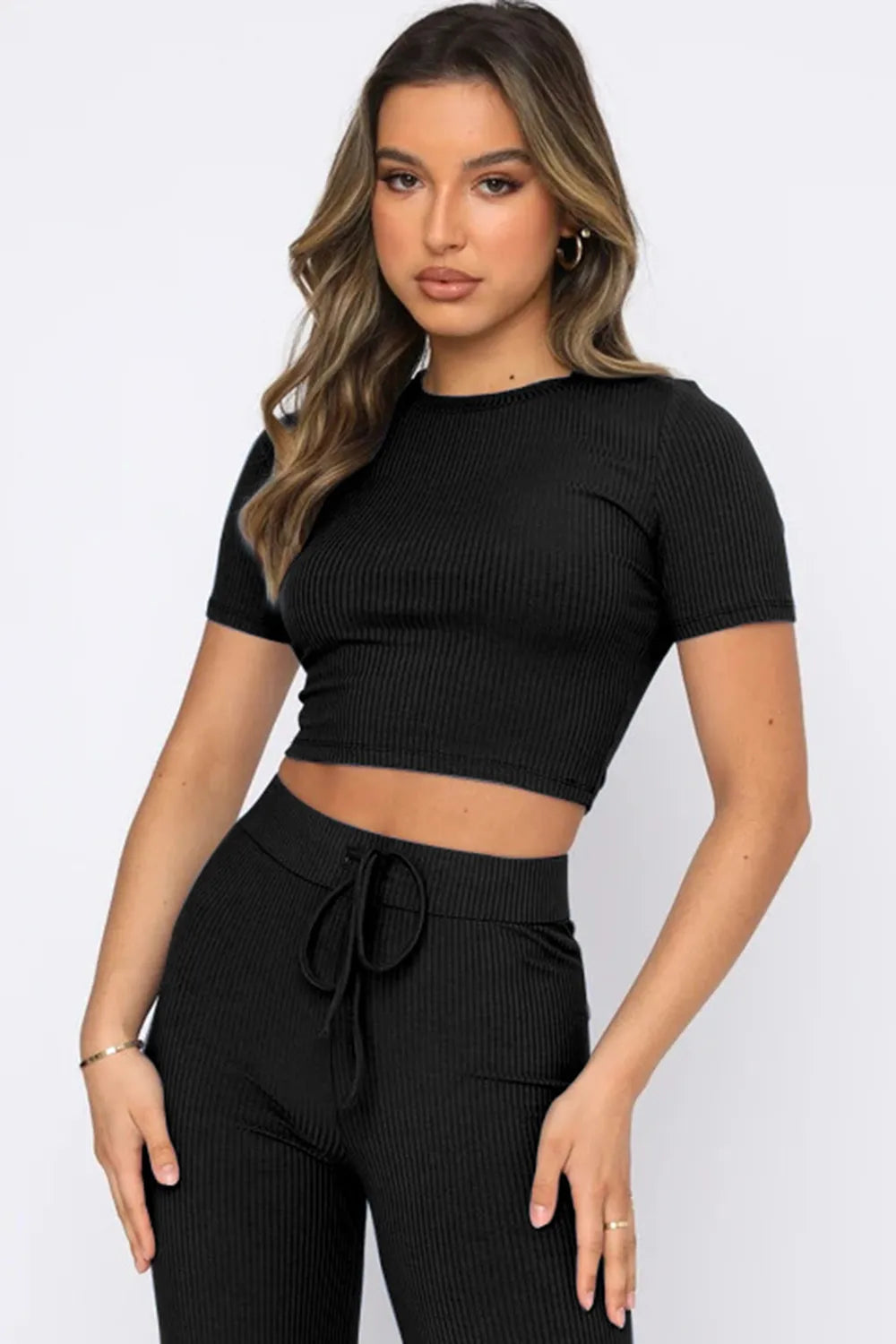 Round Neck Short Sleeve Top and Pants Set - Thalia Chic