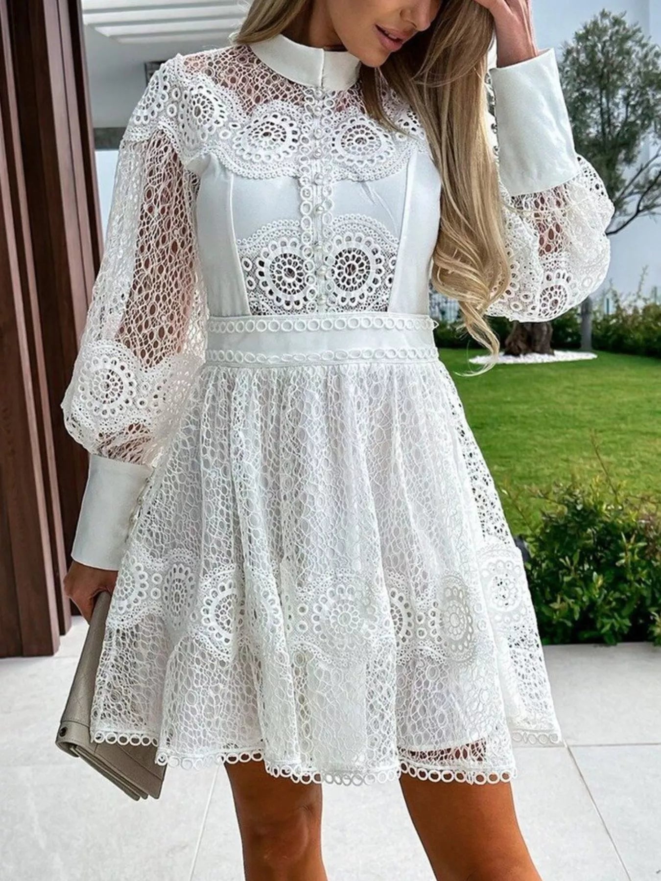Lace Lantern Sleeve Mini Dress - Thalia Chic