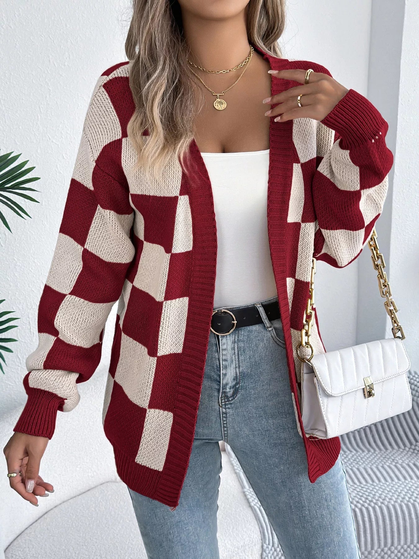 Checkered Pattern Open Front Cardigan - Thalia Chic