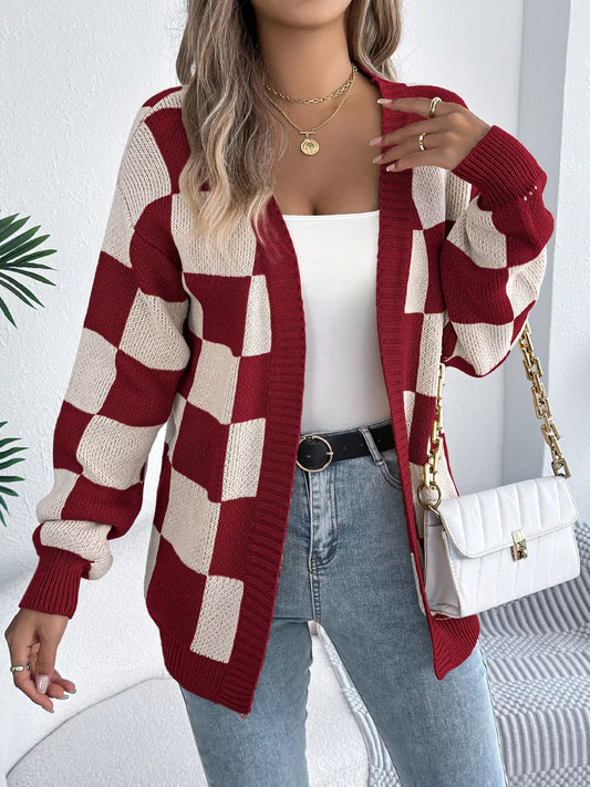 Checkered Pattern Open Front Cardigan - Thalia Chic