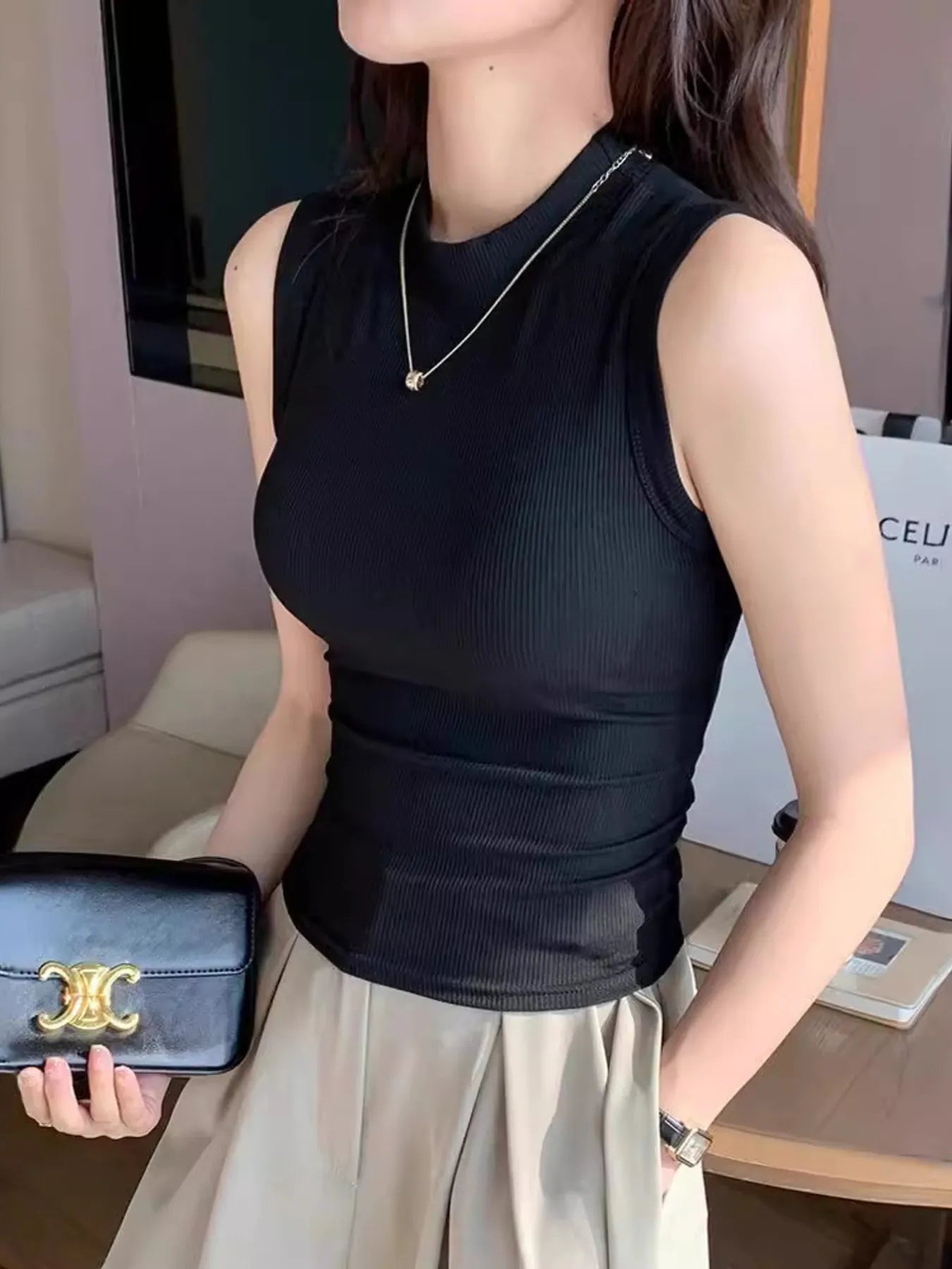 Ribbed Mock Neck Sleeveless Tank Top - Thalia Chic