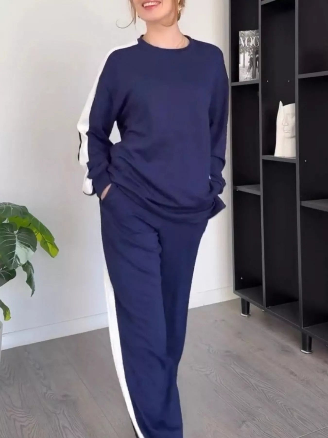 Full Size Contrast Round Neck Top and Pants Set Plus Size - Thalia Chic