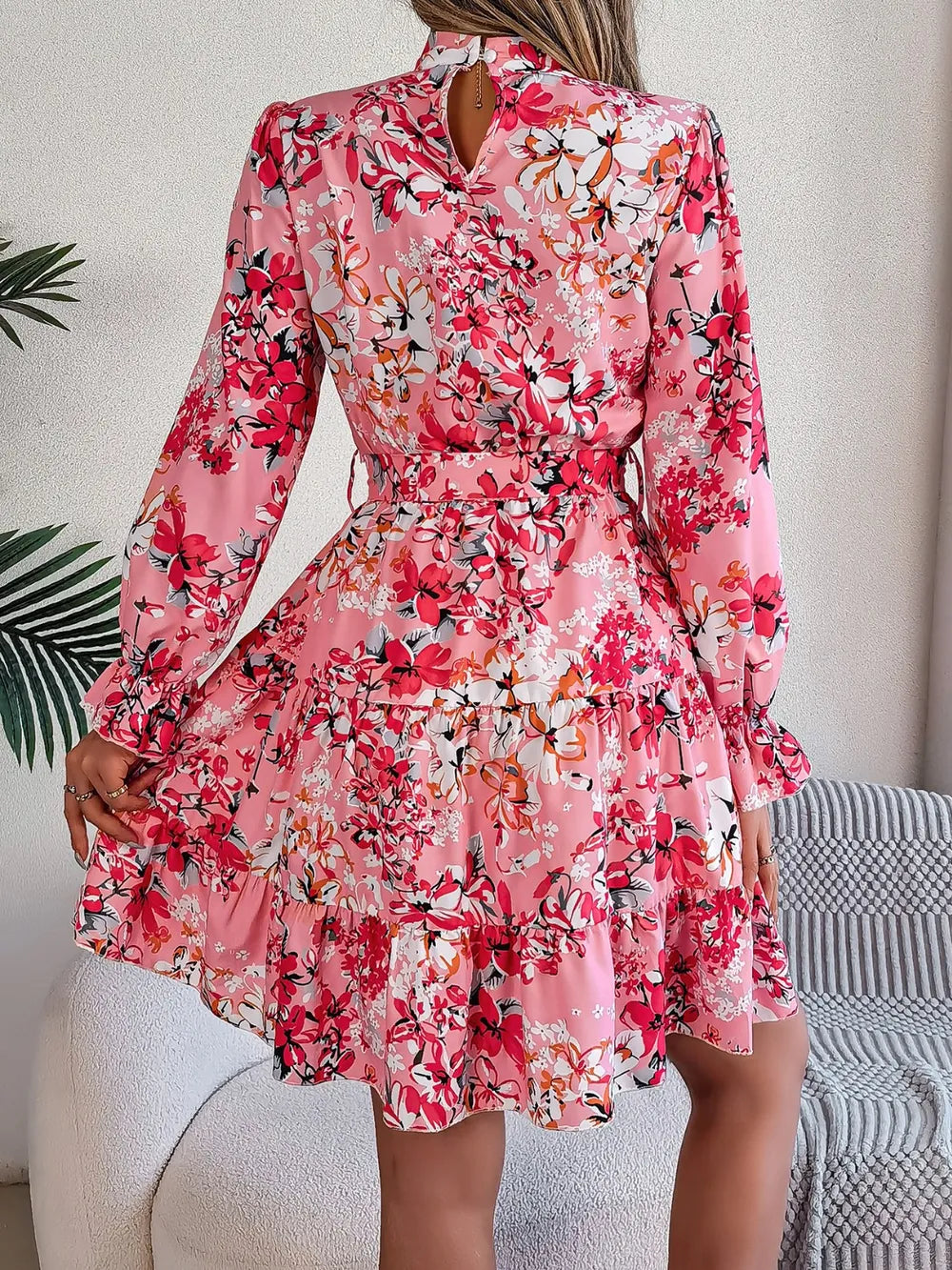 Printed Mock Neck Flounce Sleeve Mini Dress - Thalia Chic