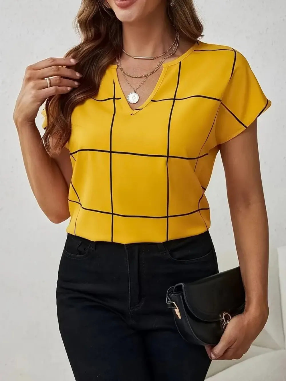 Plaid Contrast Notched Blouse - Thalia Chic