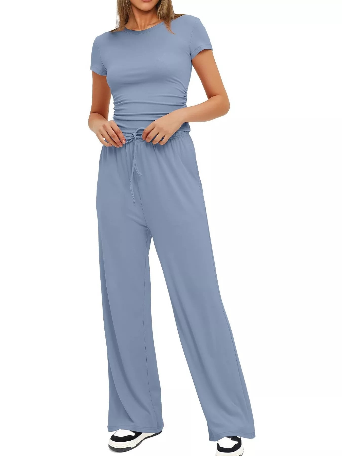 Round Neck Short Sleeve T-Shirt and Pants Set - Thalia Chic