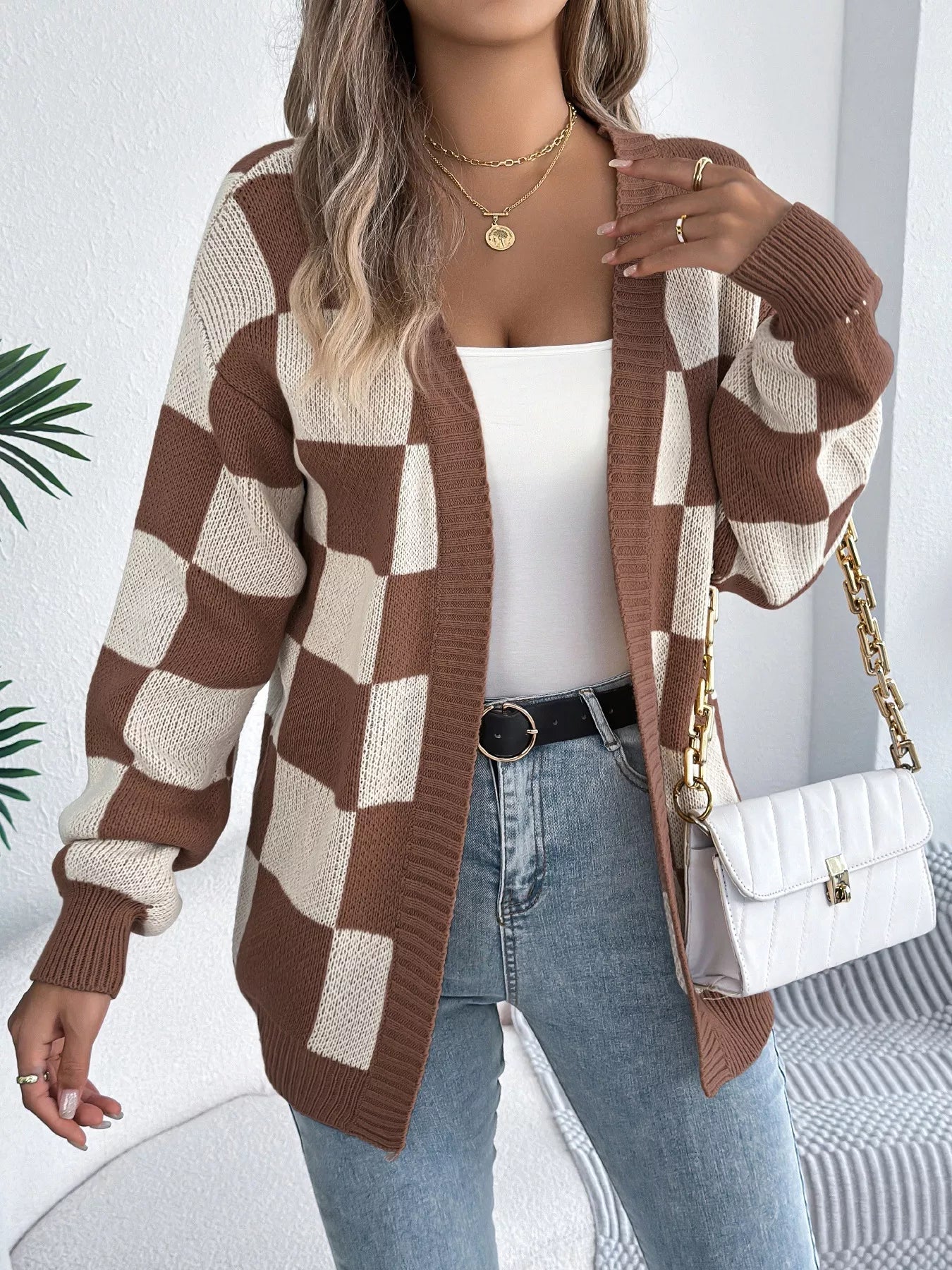 Checkered Pattern Open Front Cardigan - Thalia Chic