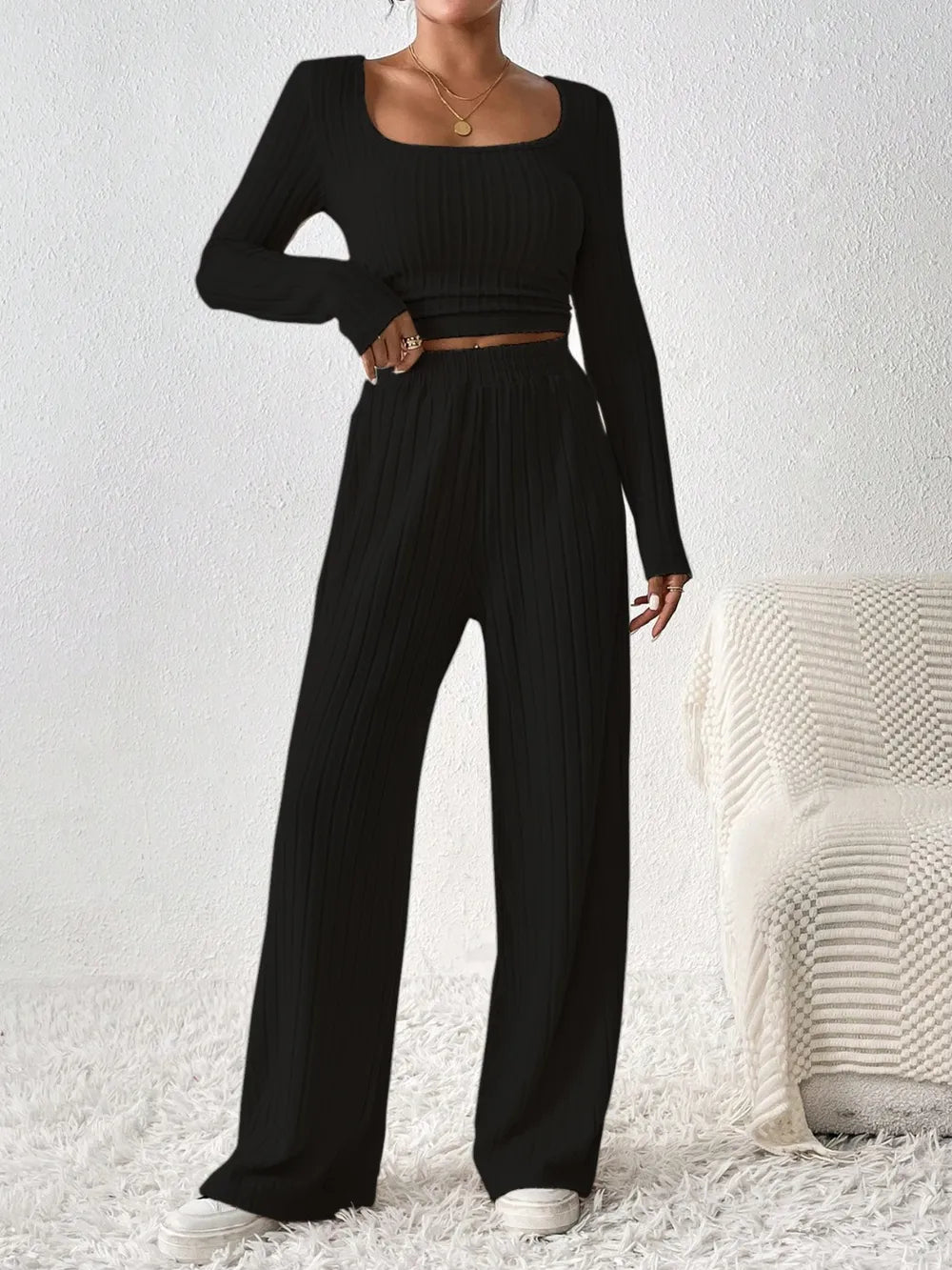 Honey Scoop Neck Long Sleeve Top and Pants Set - Thalia Chic