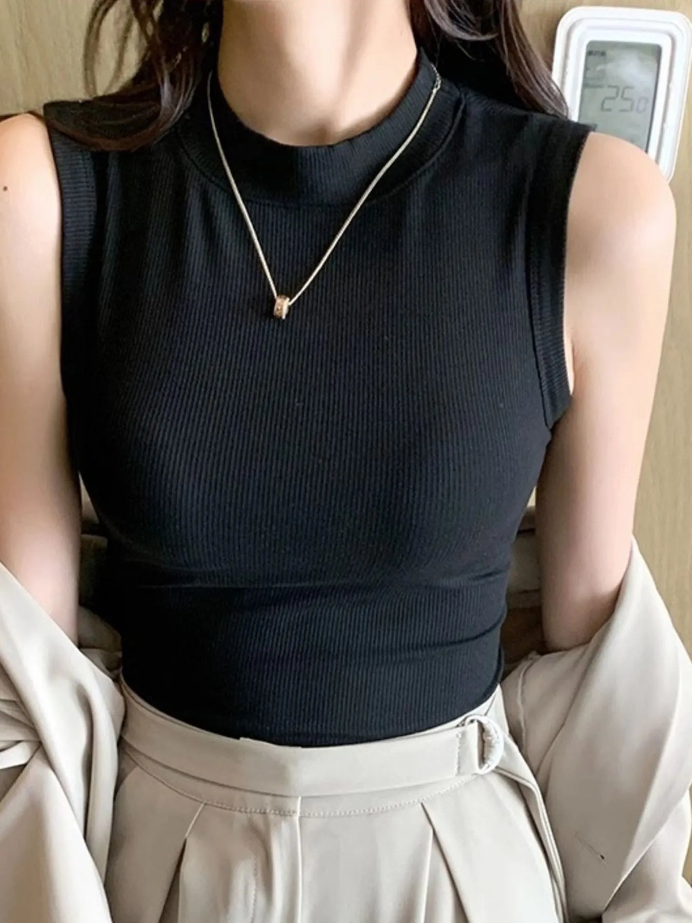 Ribbed Mock Neck Sleeveless Tank Top - Thalia Chic