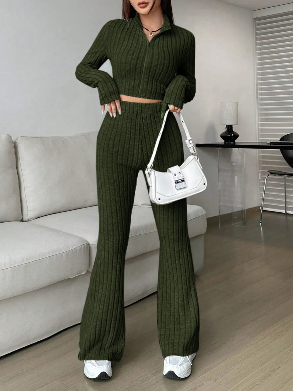 Honey Zip Up Long Sleeve Top and Pants Set - Thalia Chic