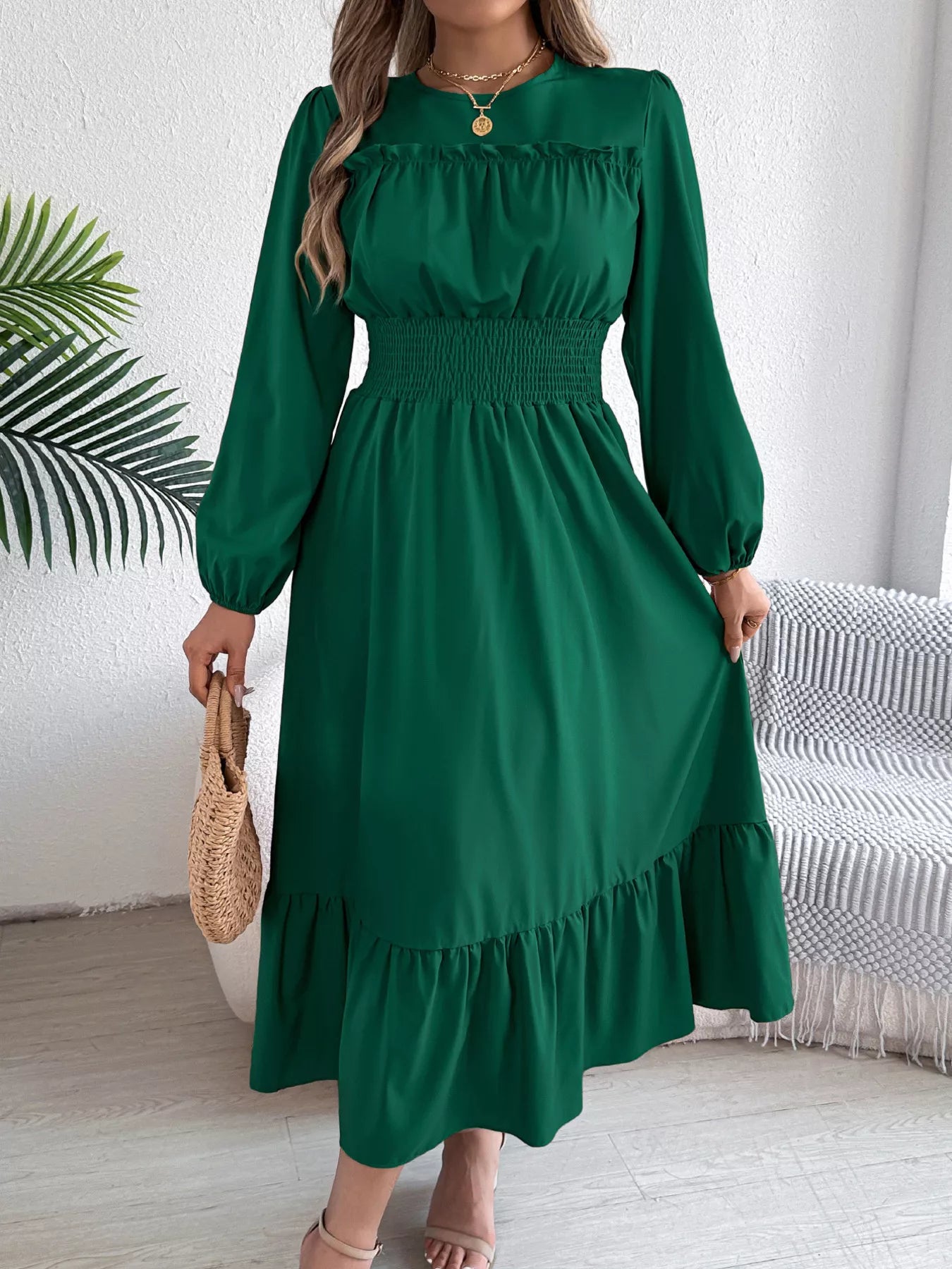 Round Neck Balloon Sleeve Tiered Dress - Thalia Chic