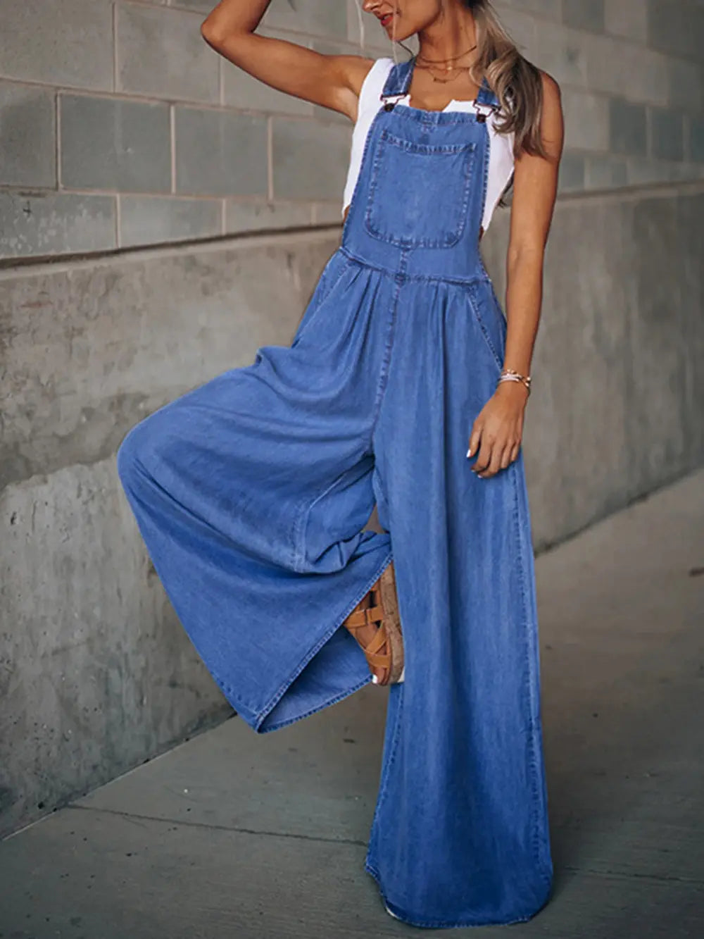 Wide Leg Denim Overalls - Thalia Chic