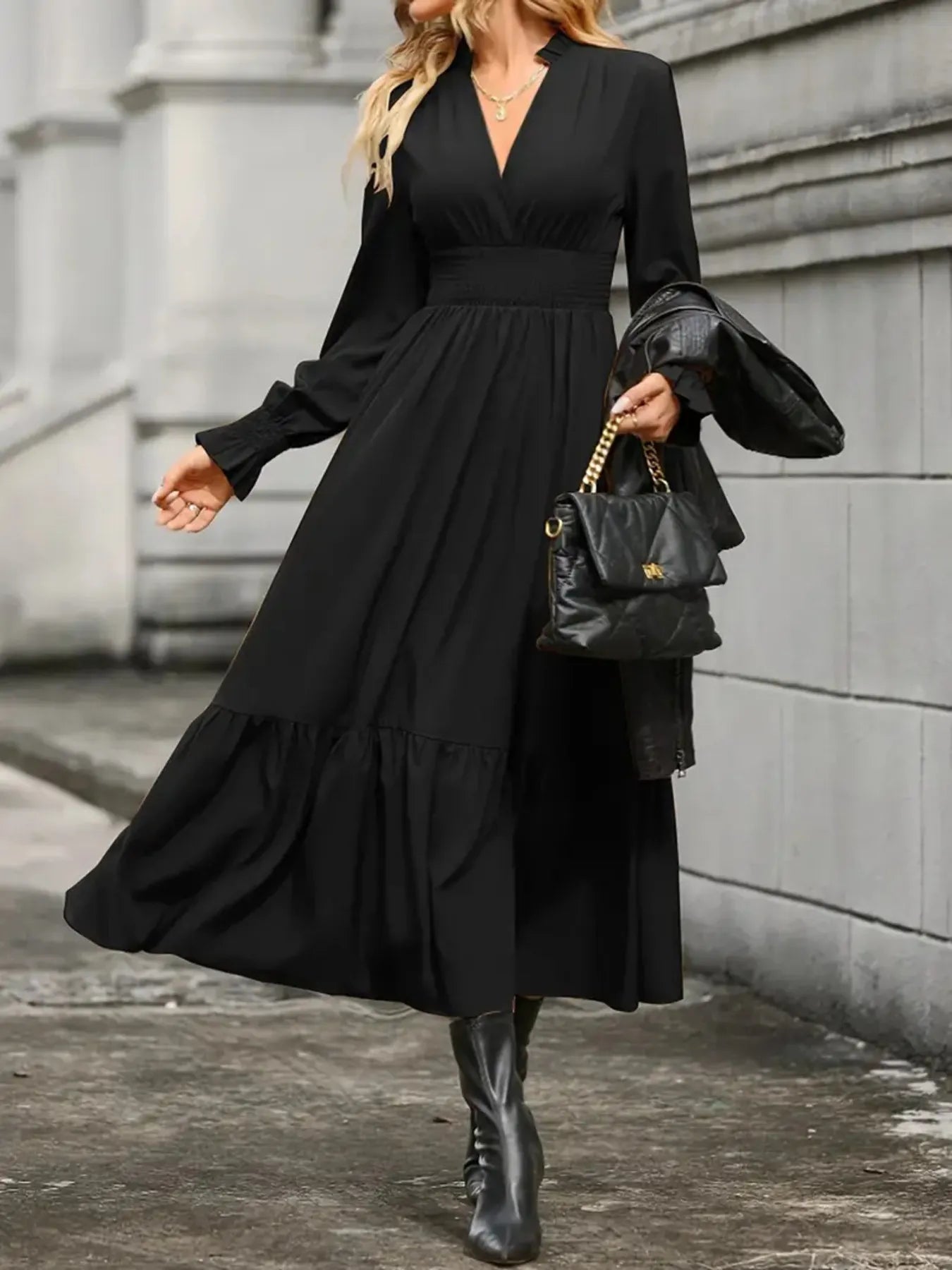 Notched Long Sleeve Tiered Dress - Thalia Chic
