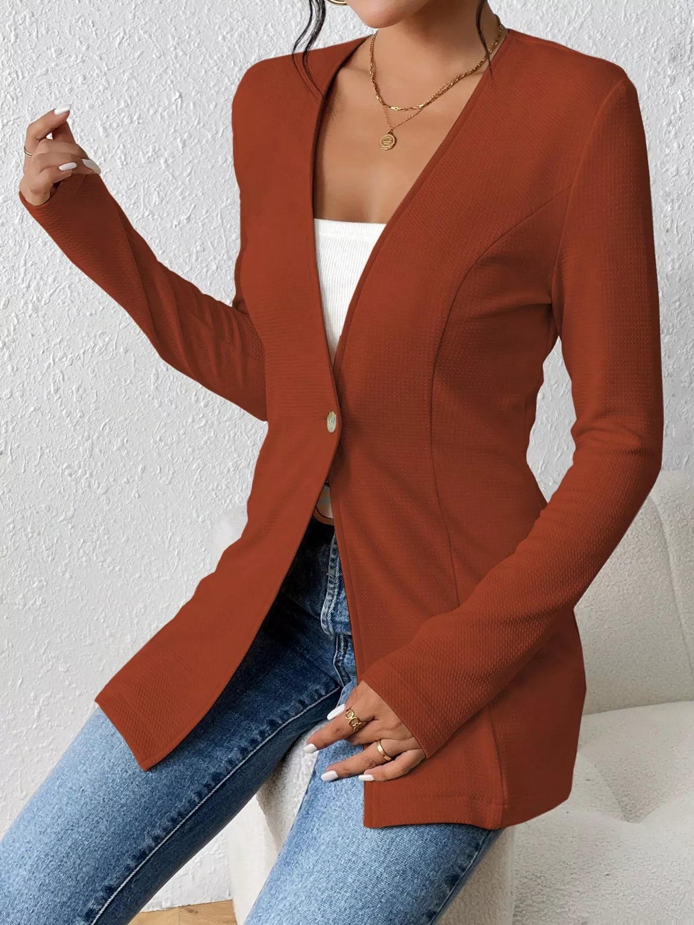 One Button Long Sleeve Blazer - Thalia Chic