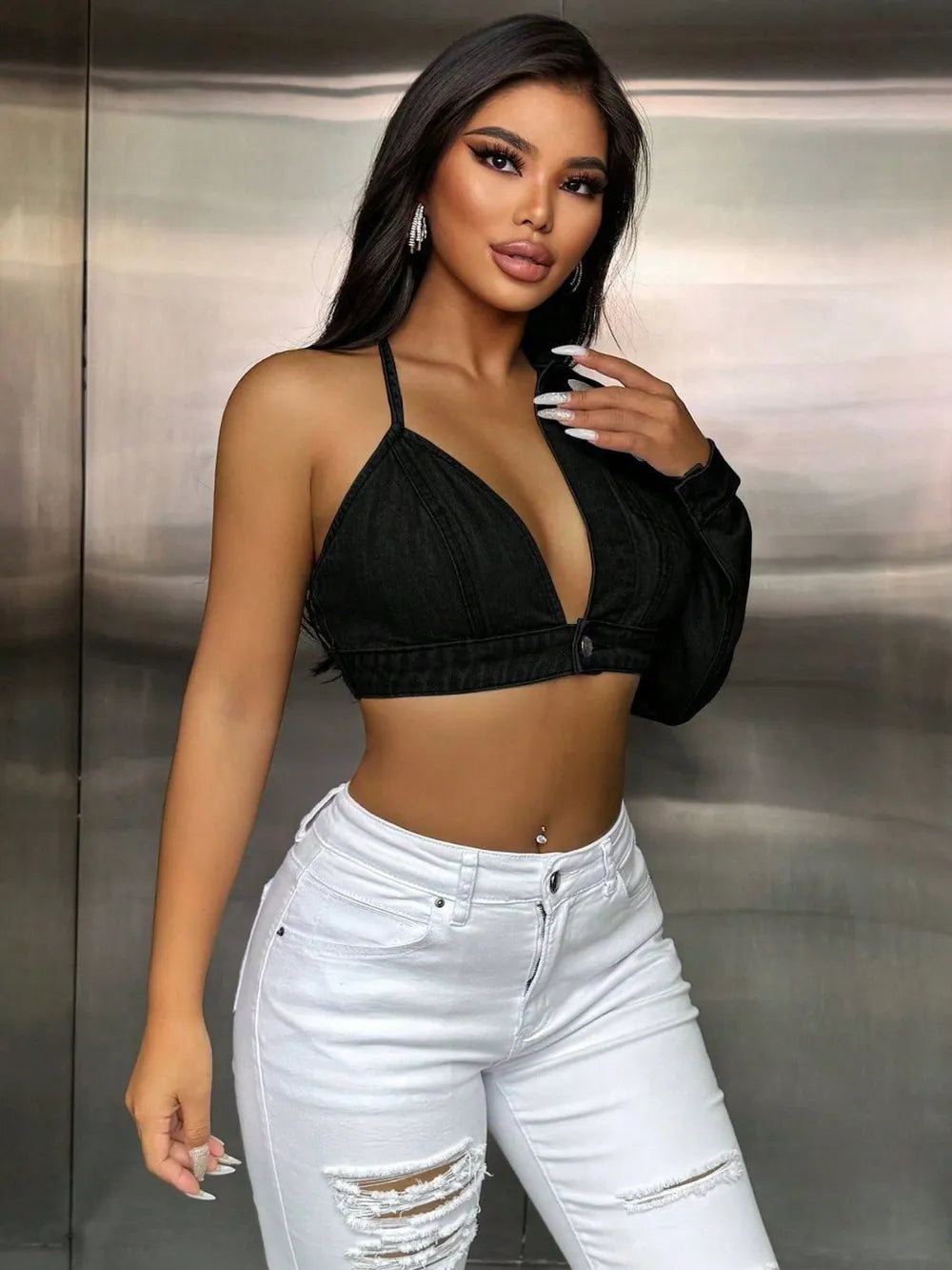 One Shoulder Long Sleeve Cropped Denim Top - Thalia Chic