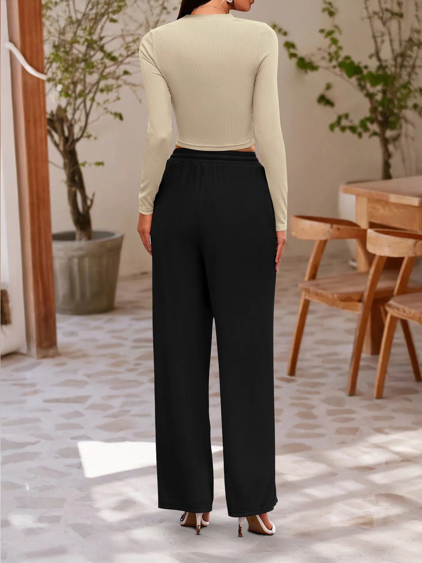 Round Neck Long Sleeve Top and Pants Set - Thalia Chic