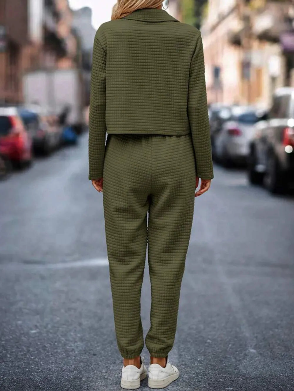 Plaid Texture Snap Down Top and Pants Set - Thalia Chic