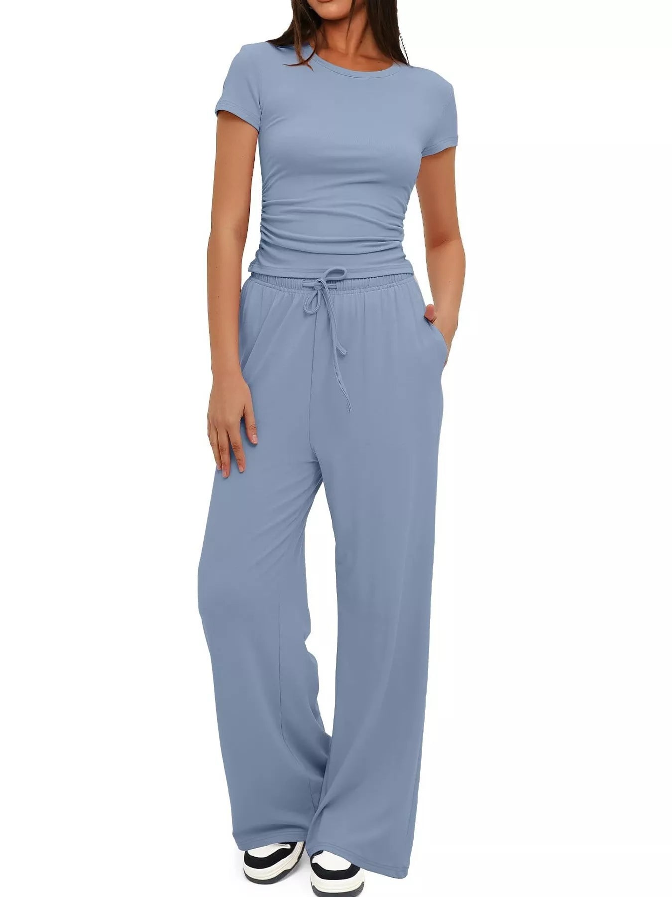 Round Neck Short Sleeve T-Shirt and Pants Set - Thalia Chic