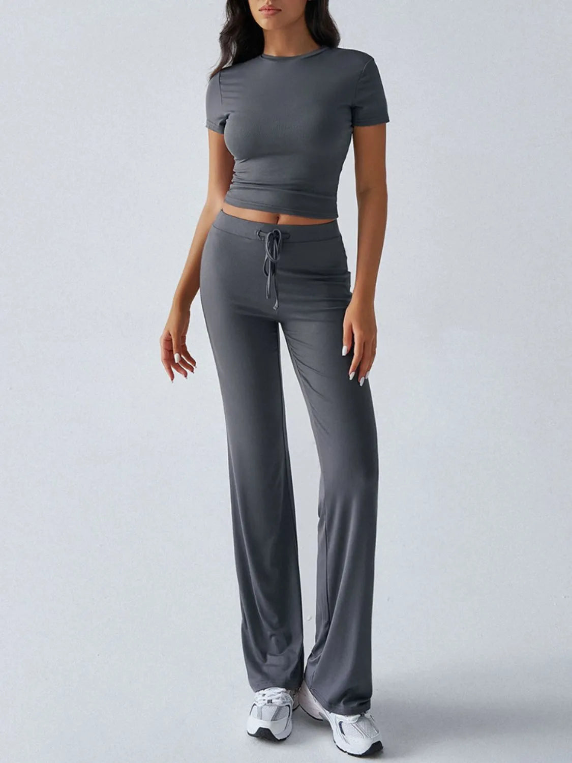 Round Neck Short Sleeve Top and Pants Set - Thalia Chic