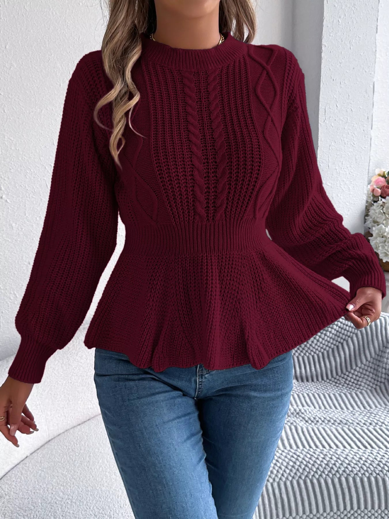 Cable Knit Round Neck Peplum Sweater - Thalia Chic