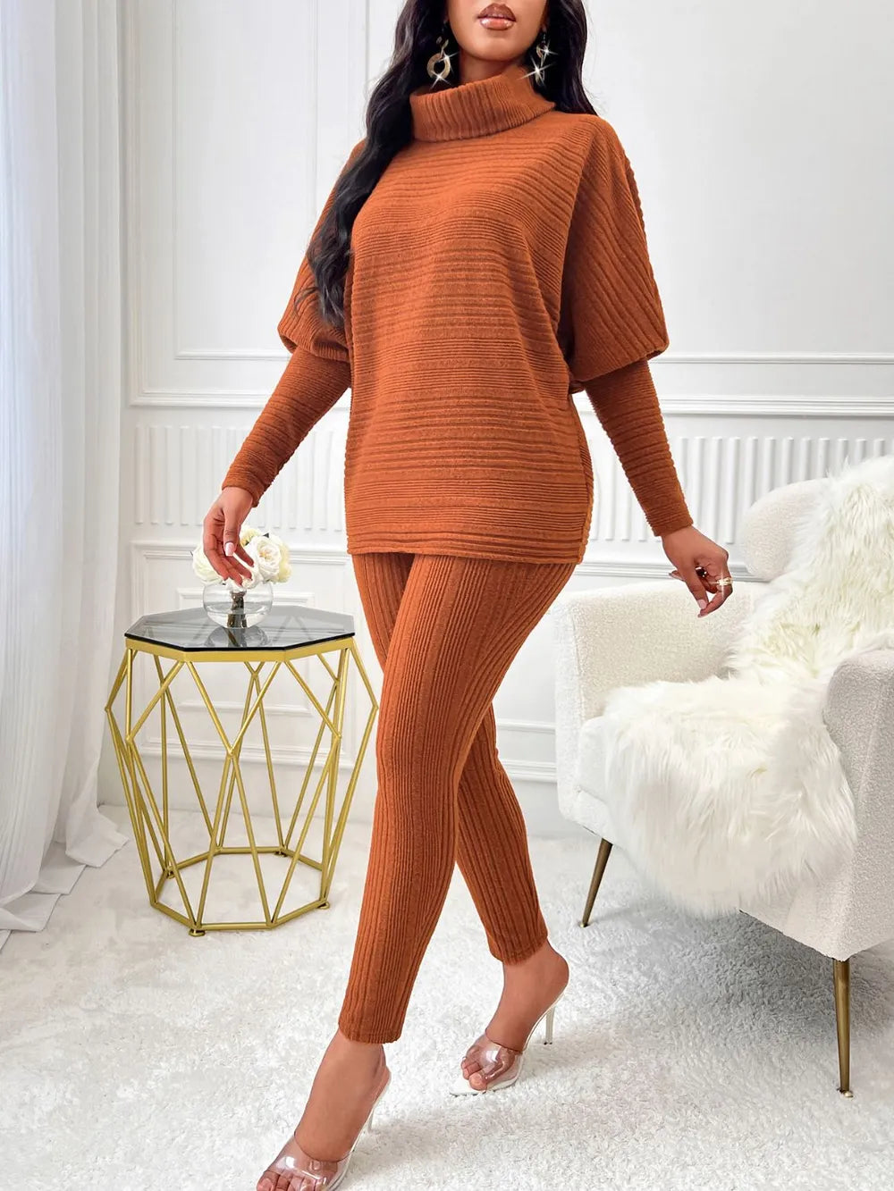 Turtleneck Batwing Sleeve Top and Pants Set - Thalia Chic