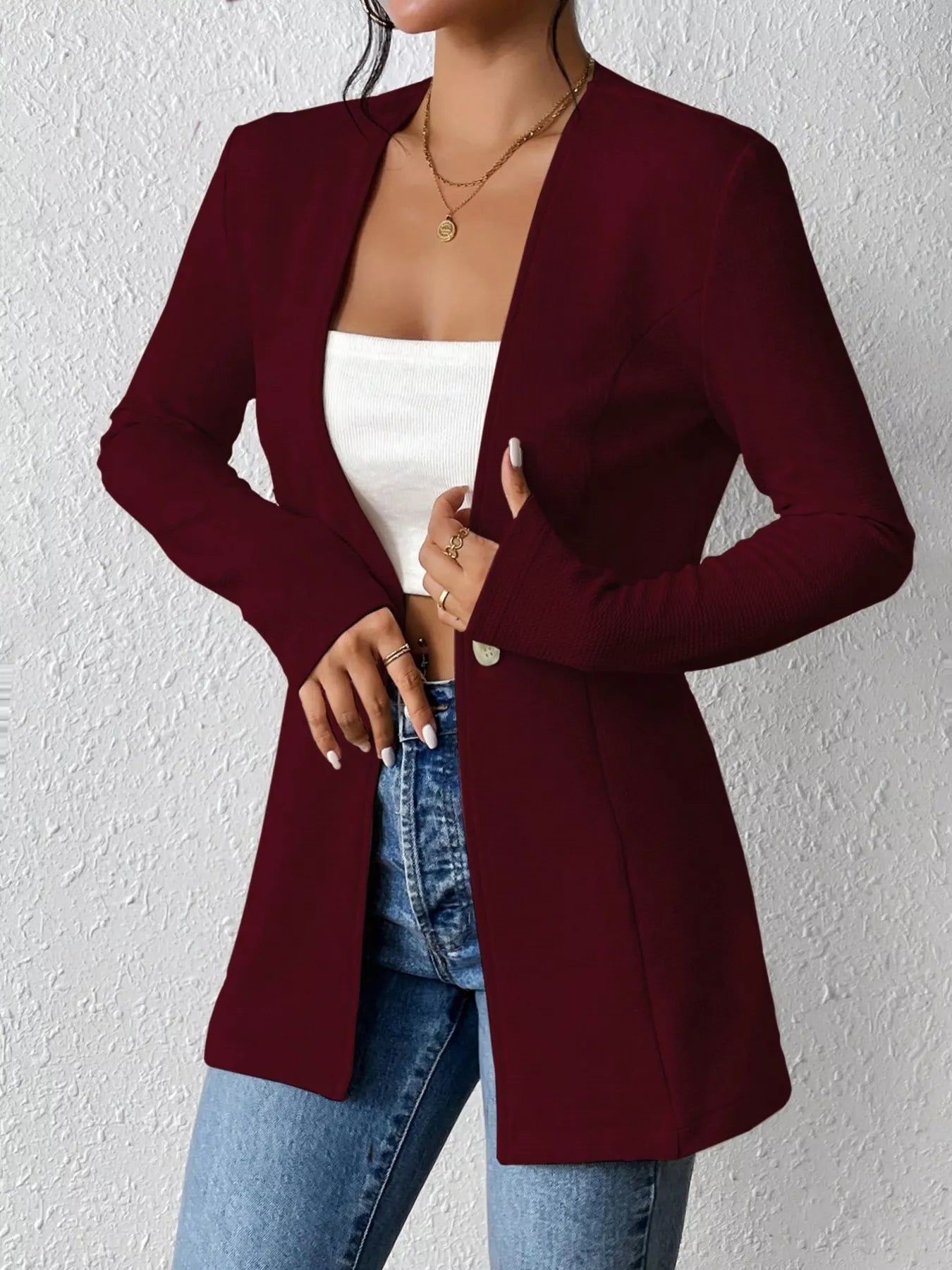 One Button Long Sleeve Blazer - Thalia Chic