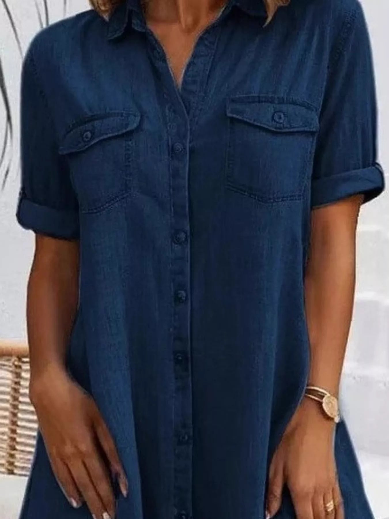 Full Size Button-Front Short Sleeve Denim Dress Plus Size - Thalia Chic