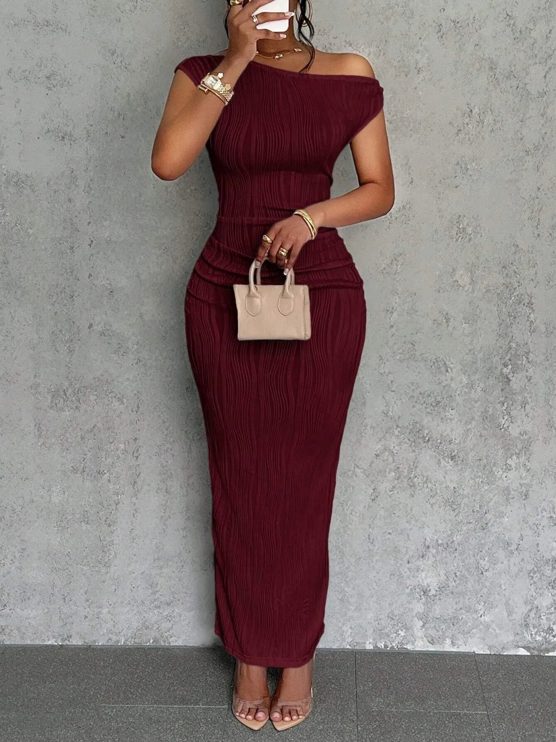Textured Single Shoulder Maxi Dress - Thalia Chic